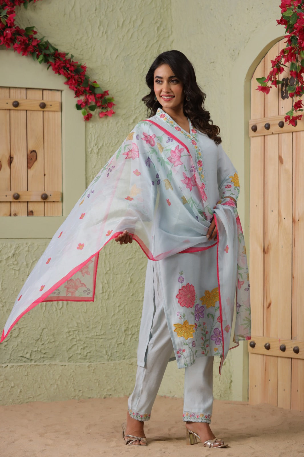 Stylish Blue 3-Piece Pant Set with Dupatta