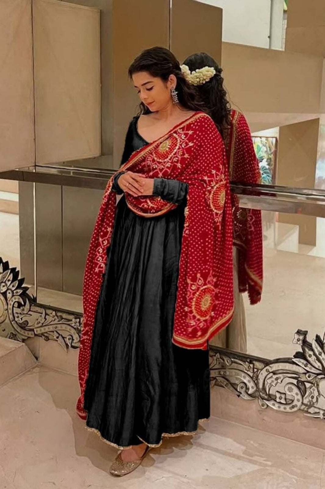 Designer & Elegant 3-Piece Gown with Printed Bandhani Dupatta