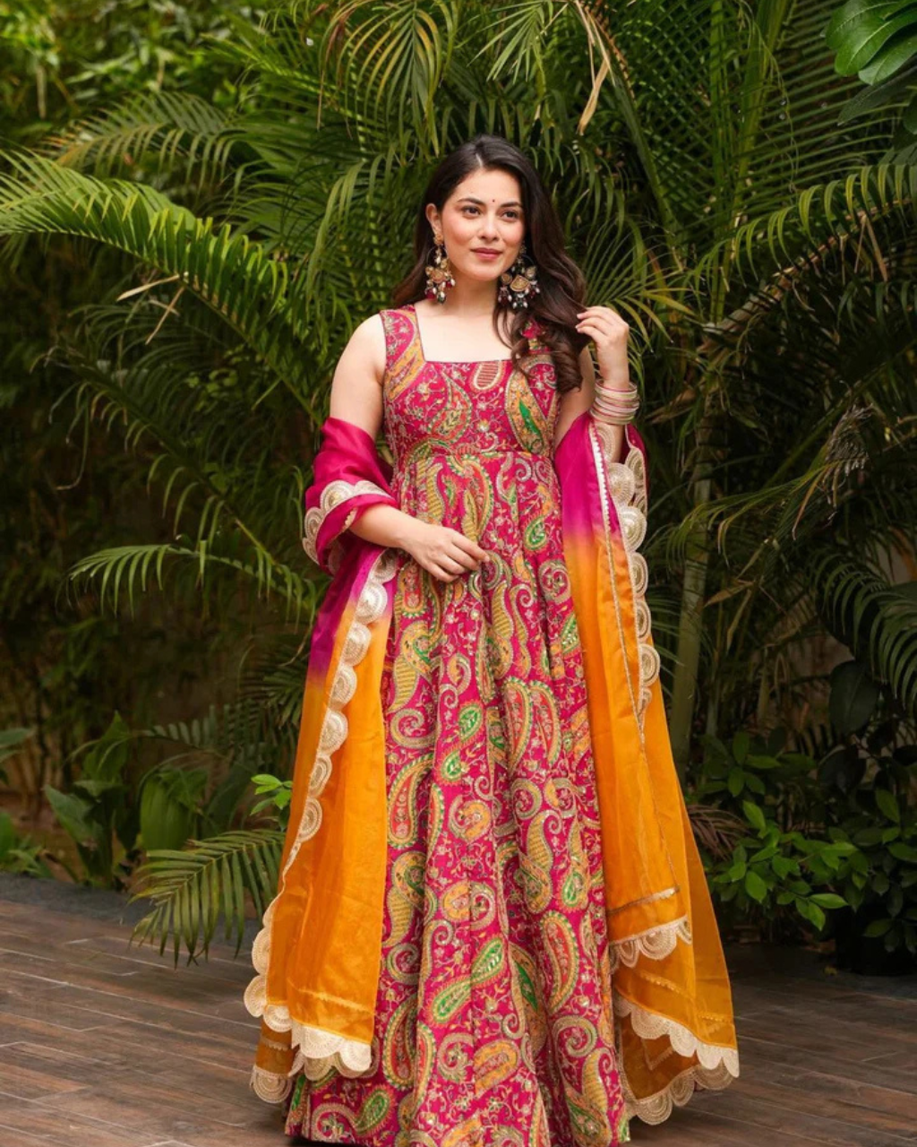 chinese dress ladies Elegant Digital Printed Anarkali Gown with Organza Dupatta – Desi Pardesi