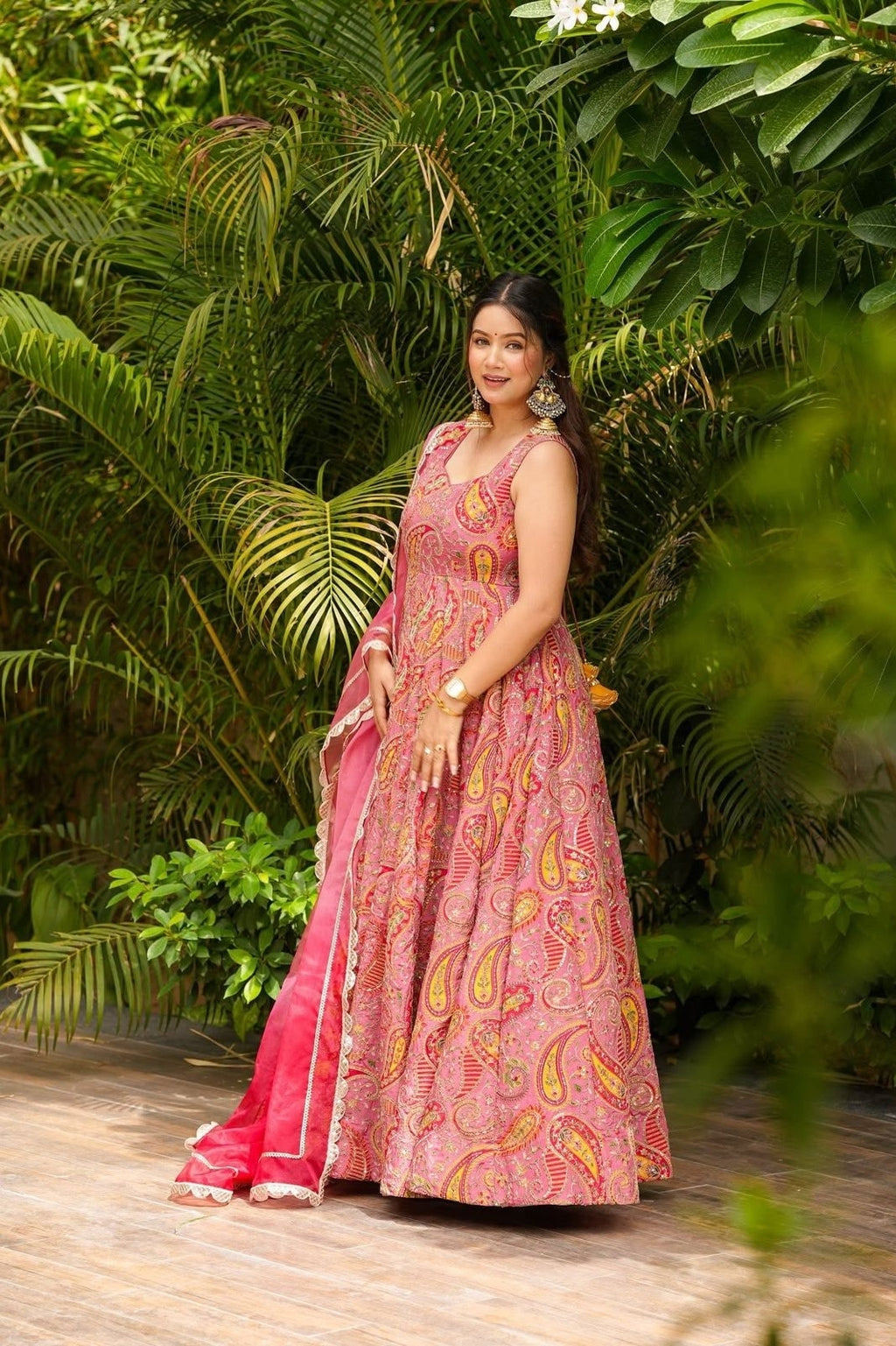Elegant Digital Printed Anarkali Gown with Organza Dupatta