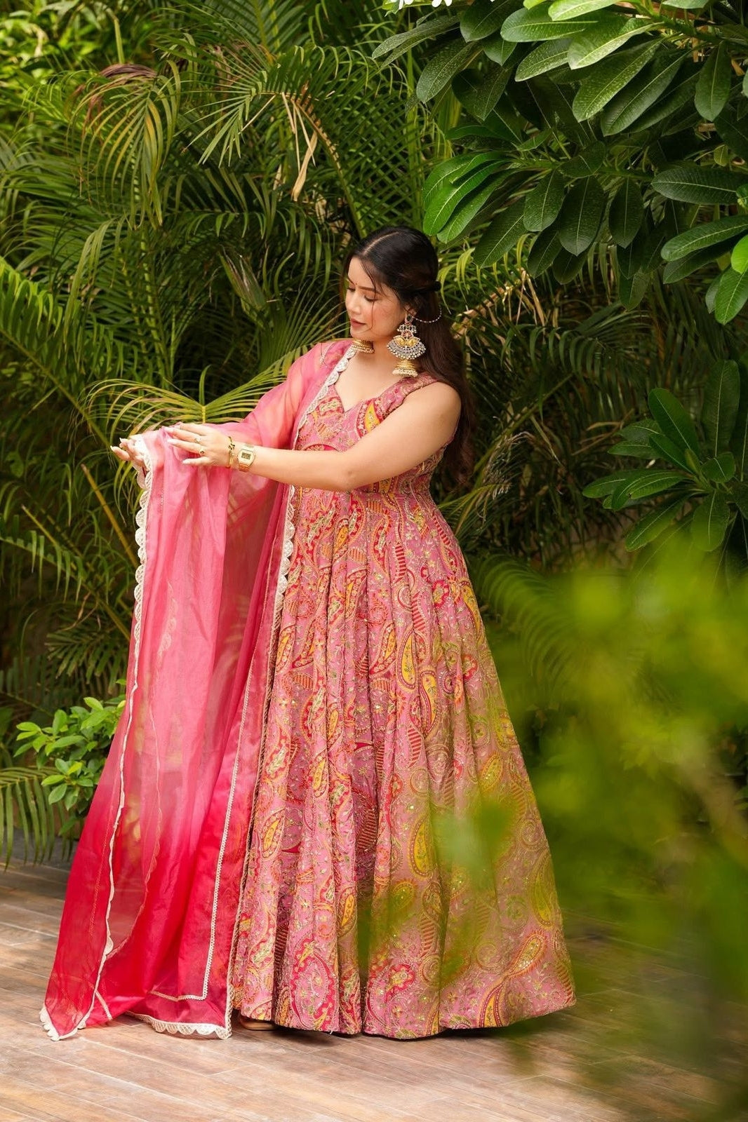 Elegant Digital Printed Anarkali Gown with Organza Dupatta