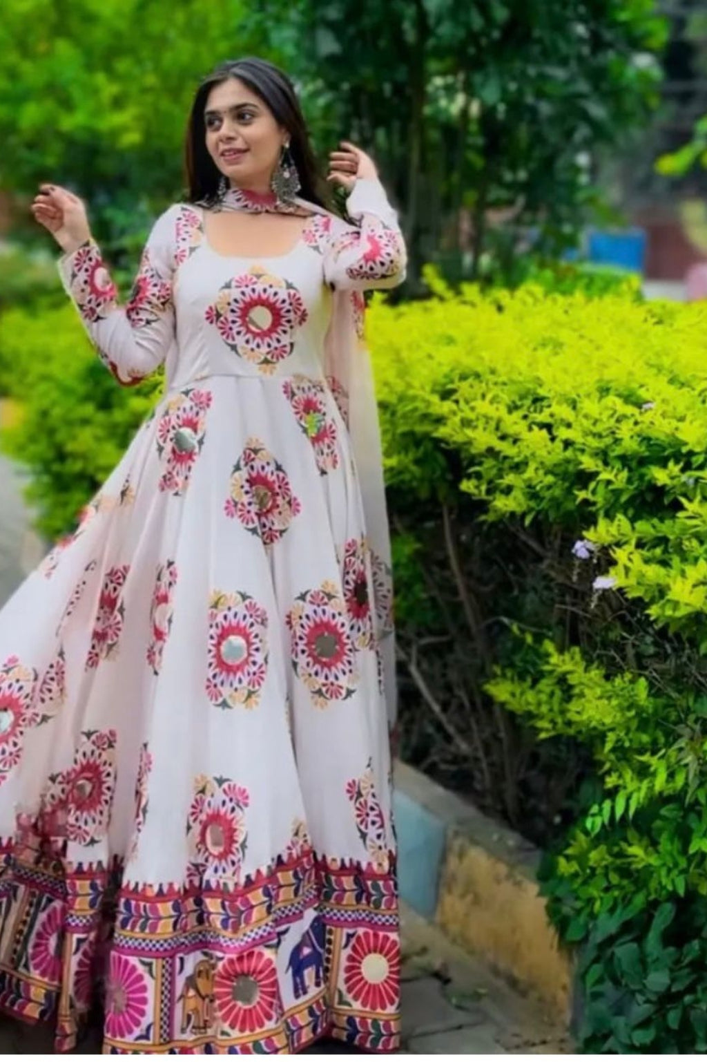 Designer Navratri Look Heavy Moss Satin Silk Gown & Dupatta Set