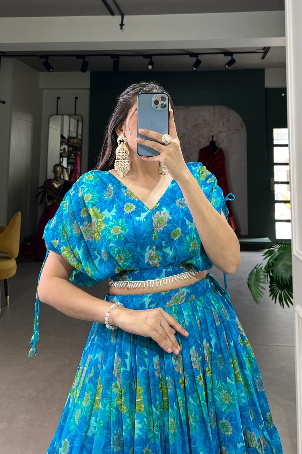 Floral Chiffon Sea Blue Co-ord Lehenga Set – Stitched Lehenga & Blouse | Elegant & Lightweight (Copy) (Copy)