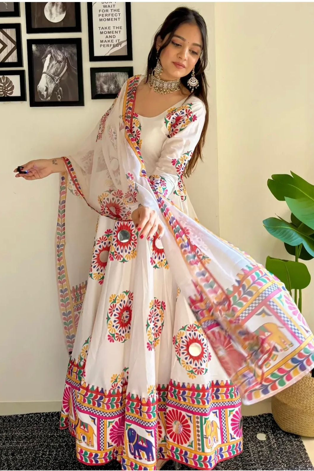 Designer Navratri Look Heavy Moss Satin Silk Gown & Dupatta Set