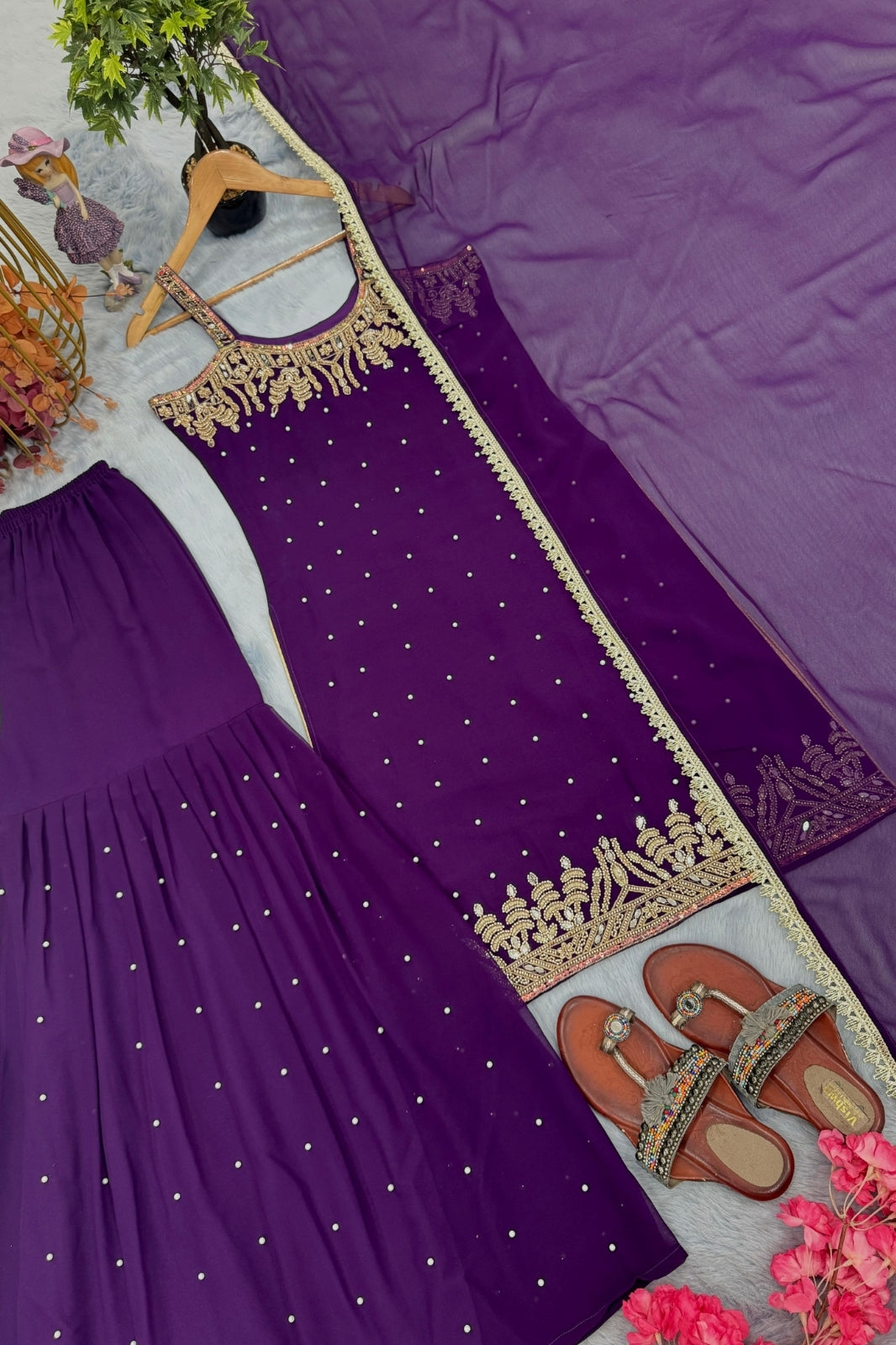 Designer Heavy Faux Georgette Top, Palazzo & Dupatta Set – Party Wear Collection