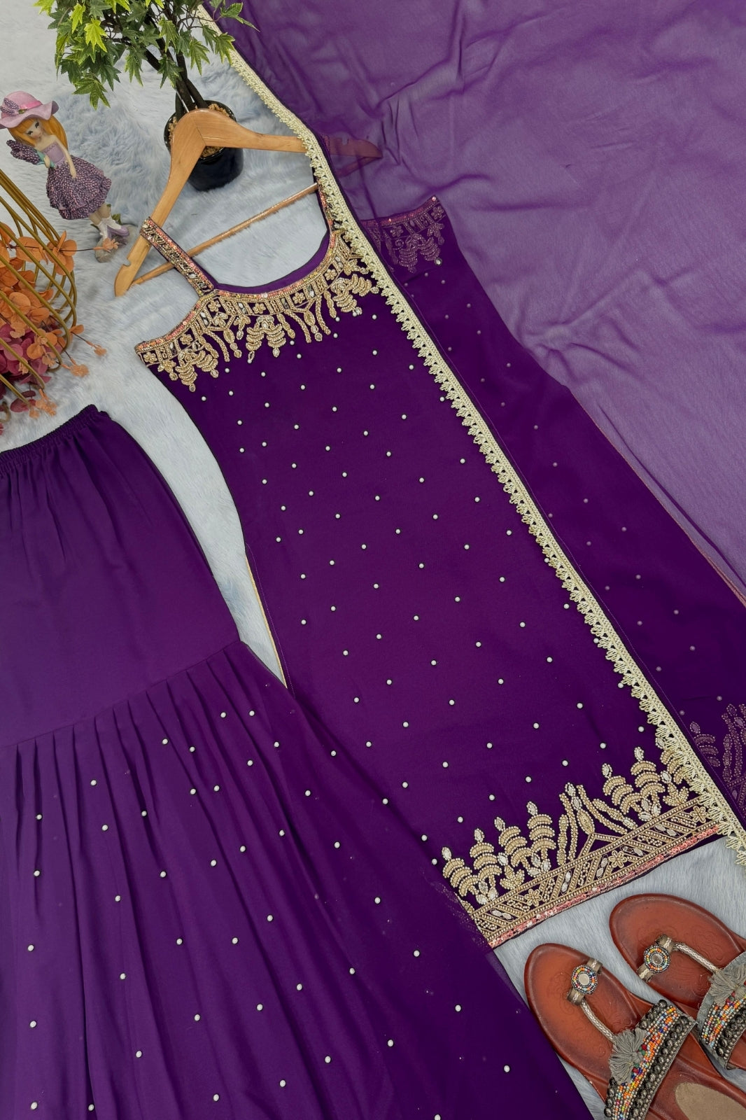 Designer Heavy Faux Georgette Top, Palazzo & Dupatta Set – Party Wear Collection