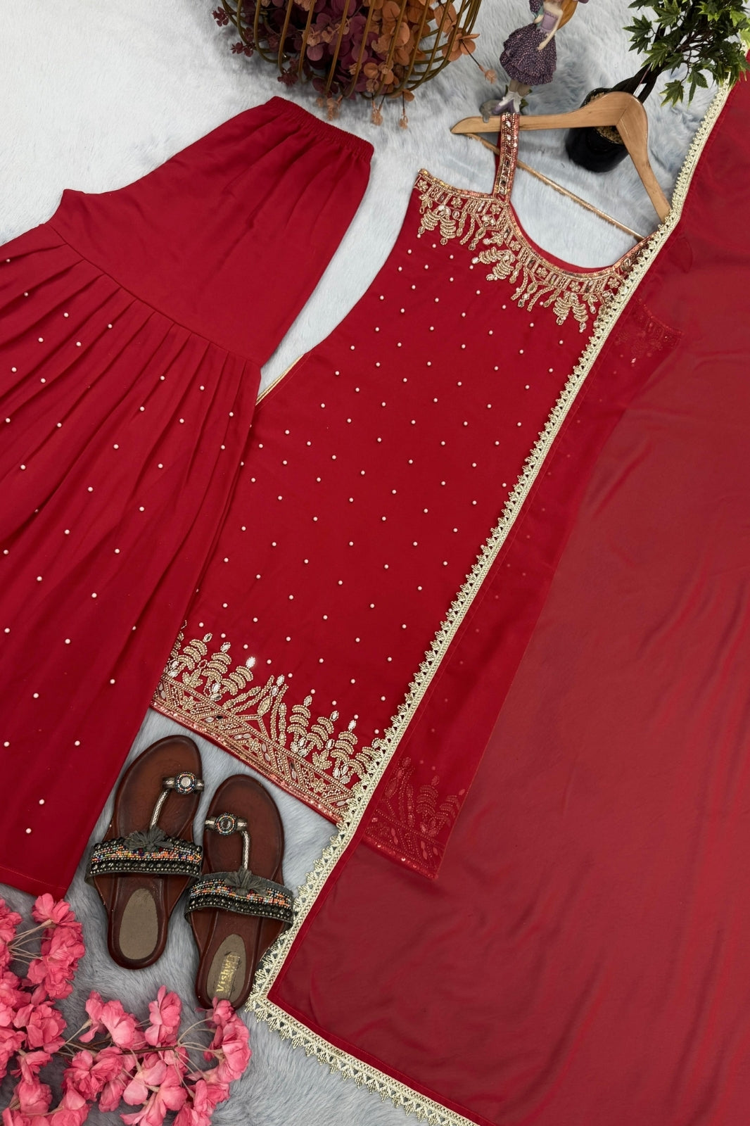 Designer Heavy Faux Georgette Top, Palazzo & Dupatta Set – Party Wear Collection