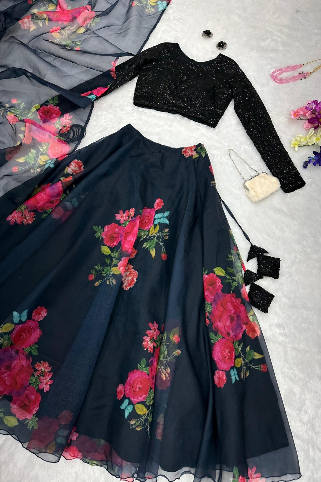 Exclusive Floral Printed Organza Silk Lehenga Set