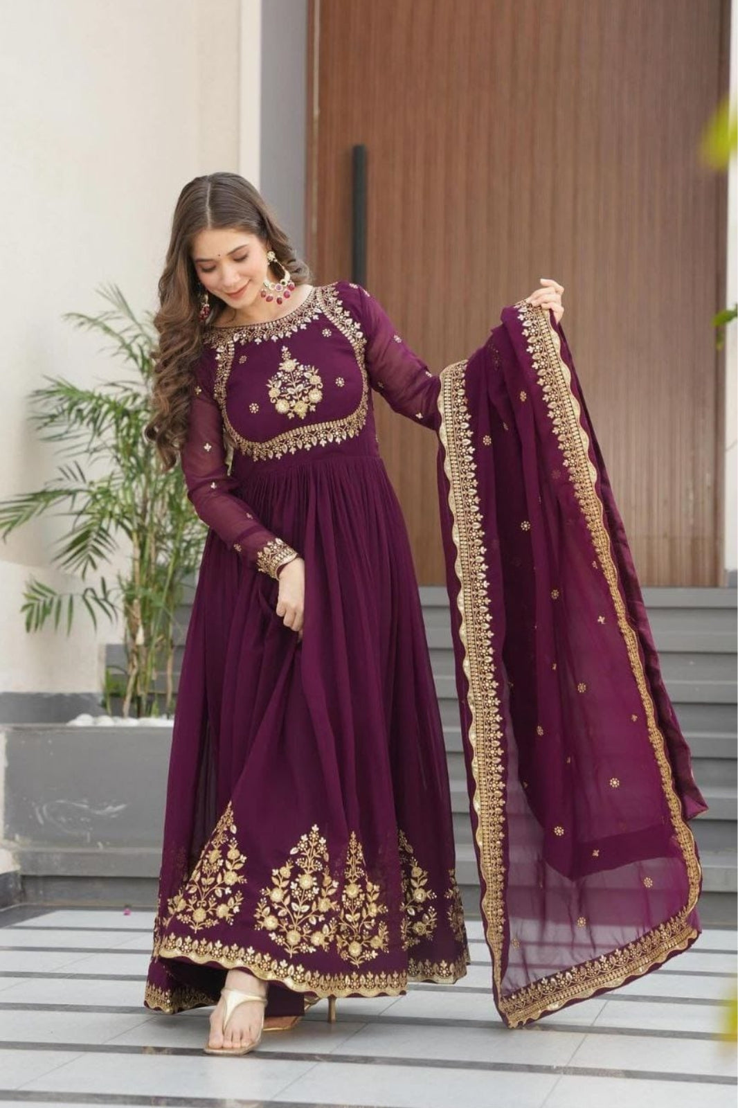 Elegant Fox Georgette Embroidered Gown with Dupatta