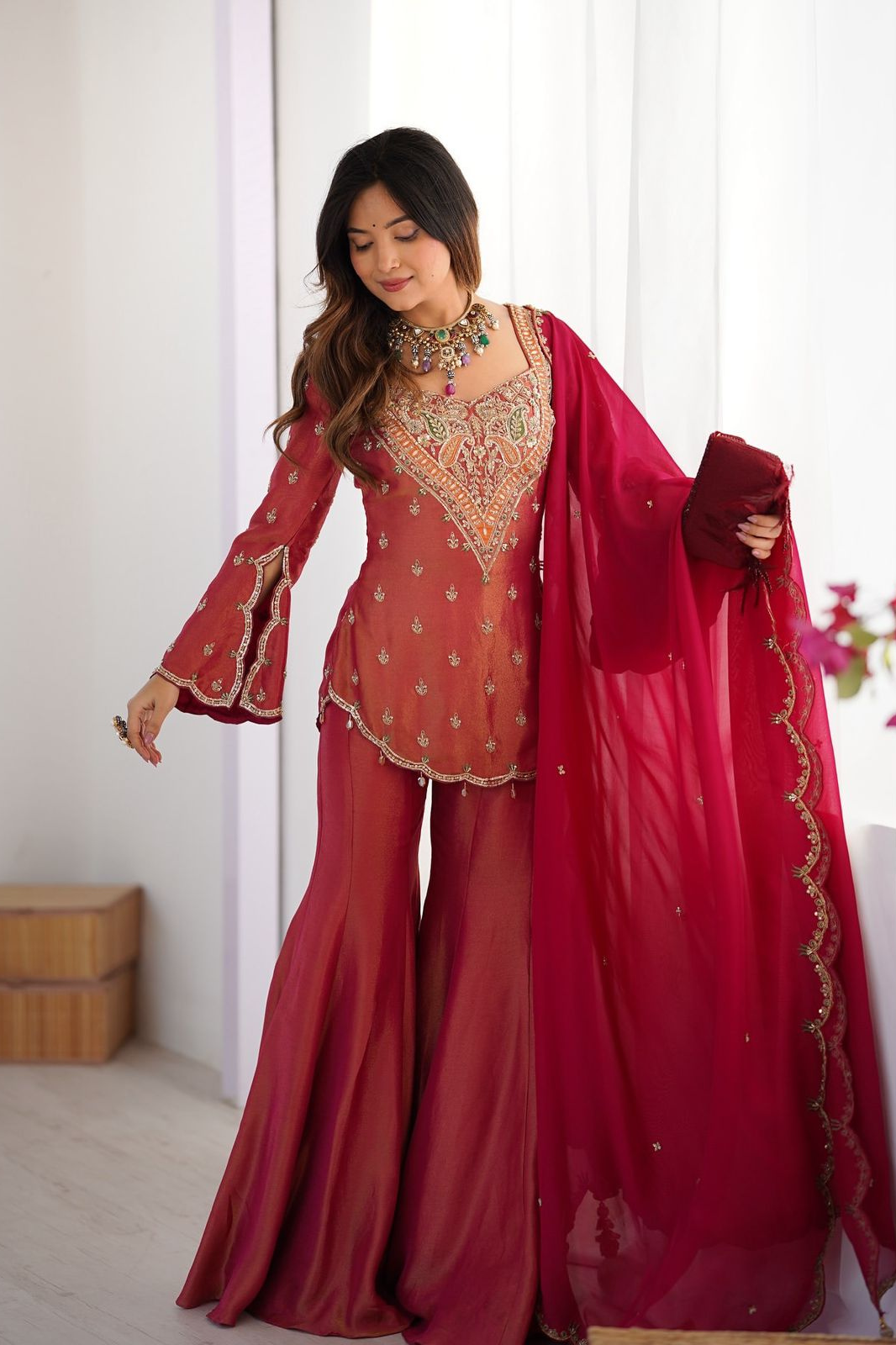 Simar Silk with Embroidery Work – Top, Plazzo & Dupatta Set