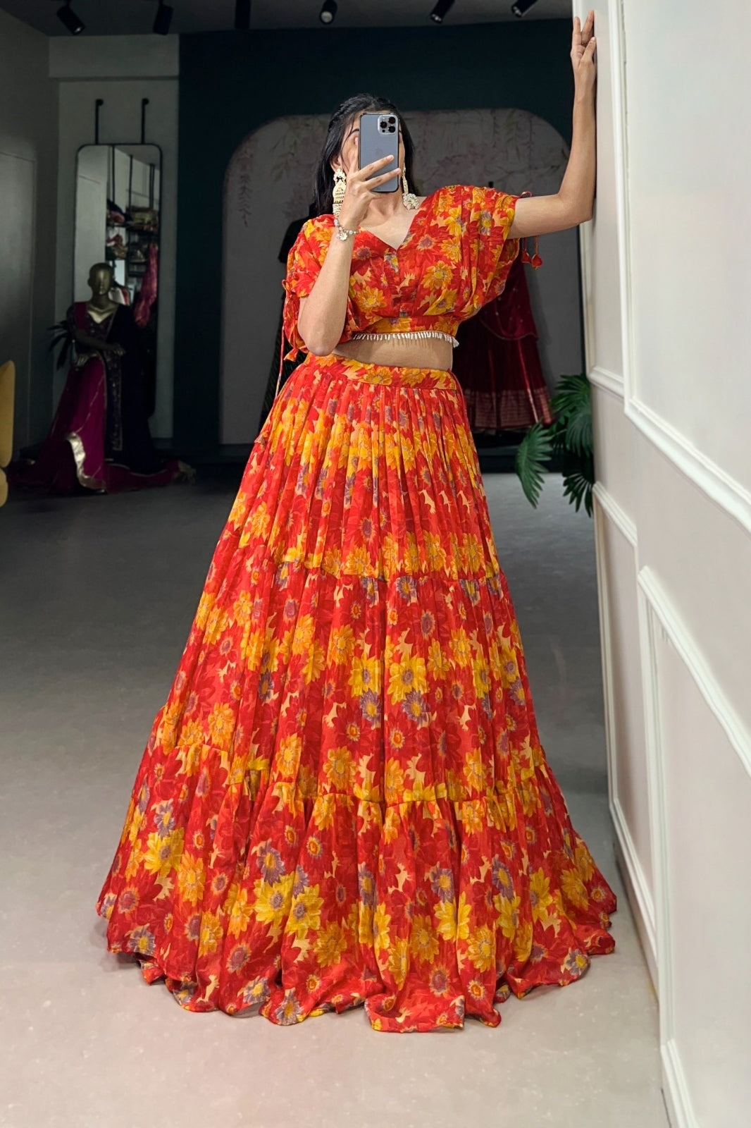 Floral Chiffon Orange Co-ord Lehenga Set – Stitched Lehenga & Blouse | Elegant & Lightweight