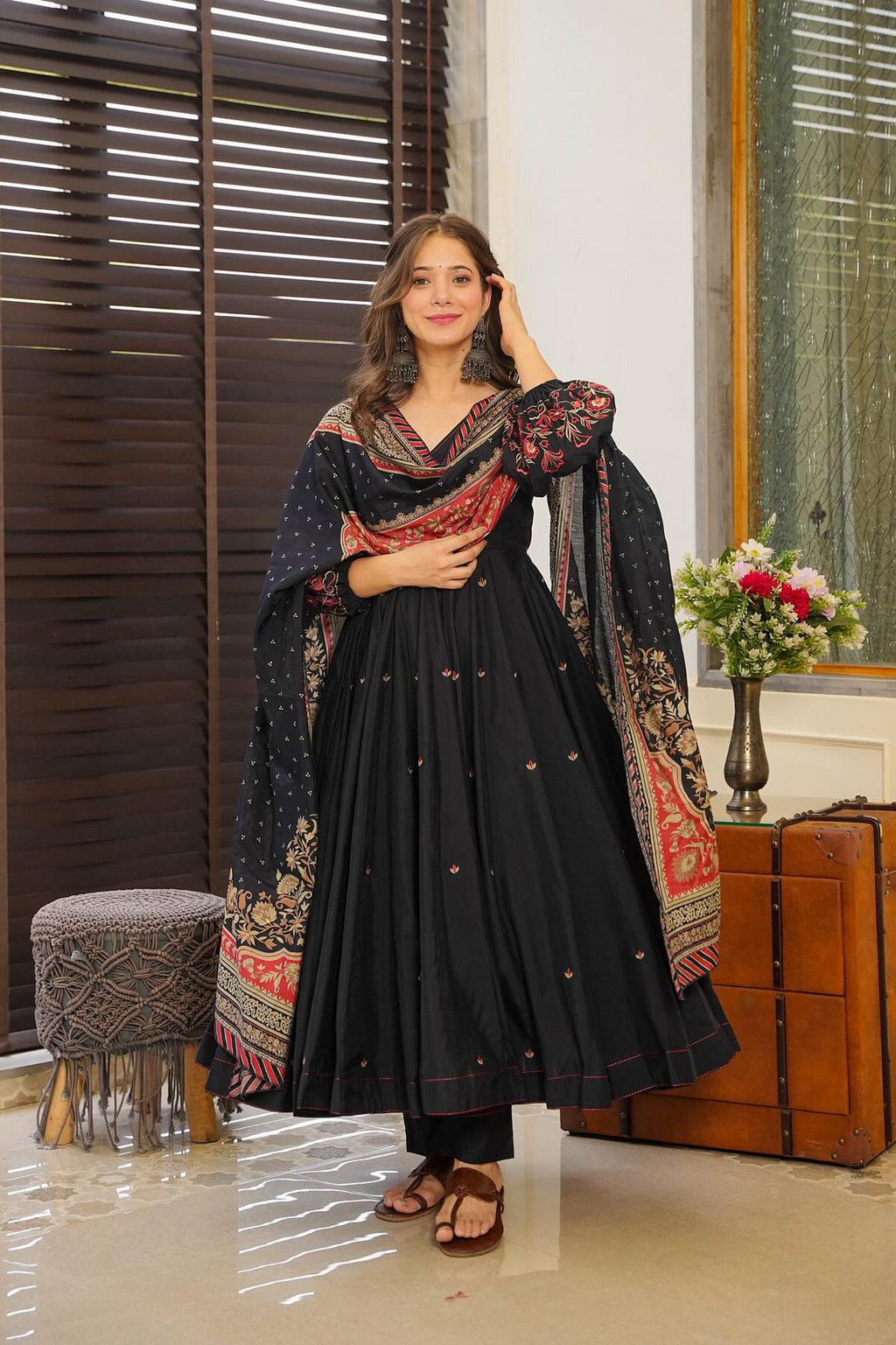 Premium Cotton Anarkali with Balloon Sleeves & Printed Dupatta