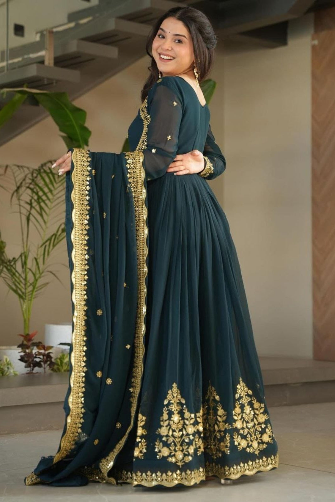 Elegant Fox Georgette Embroidered Gown with Dupatta