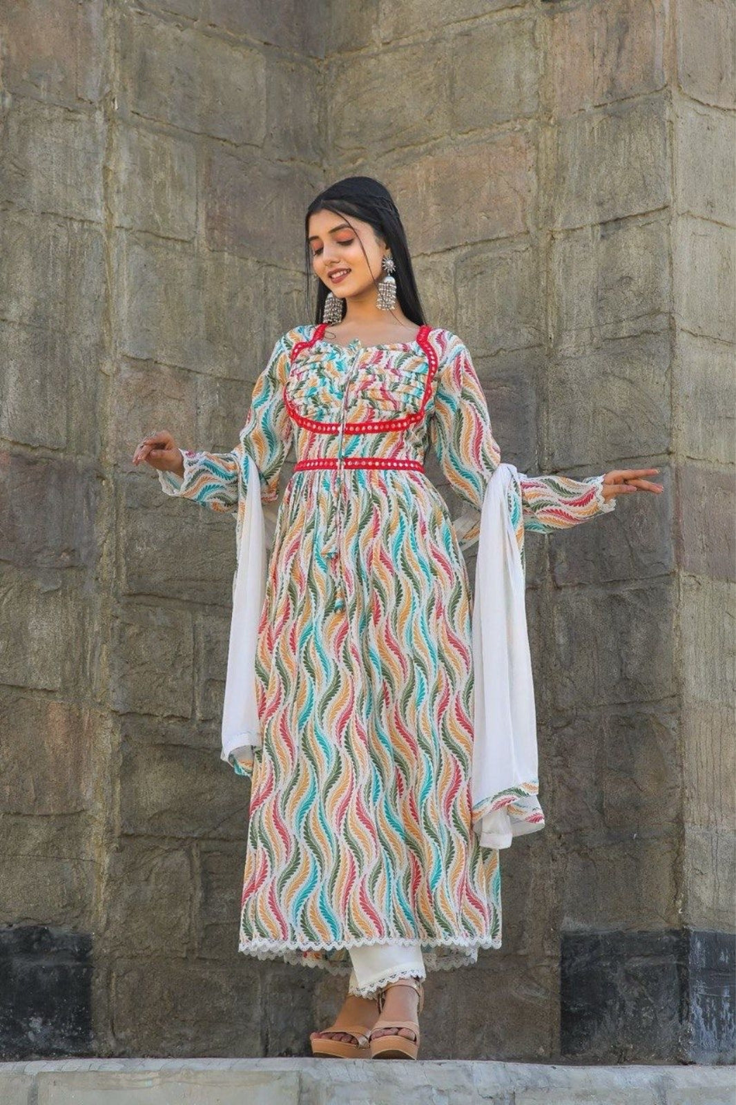Multicoloured Printed Anarkali Set with Mirror Work & Lace Detailing – By Desi Pardesi