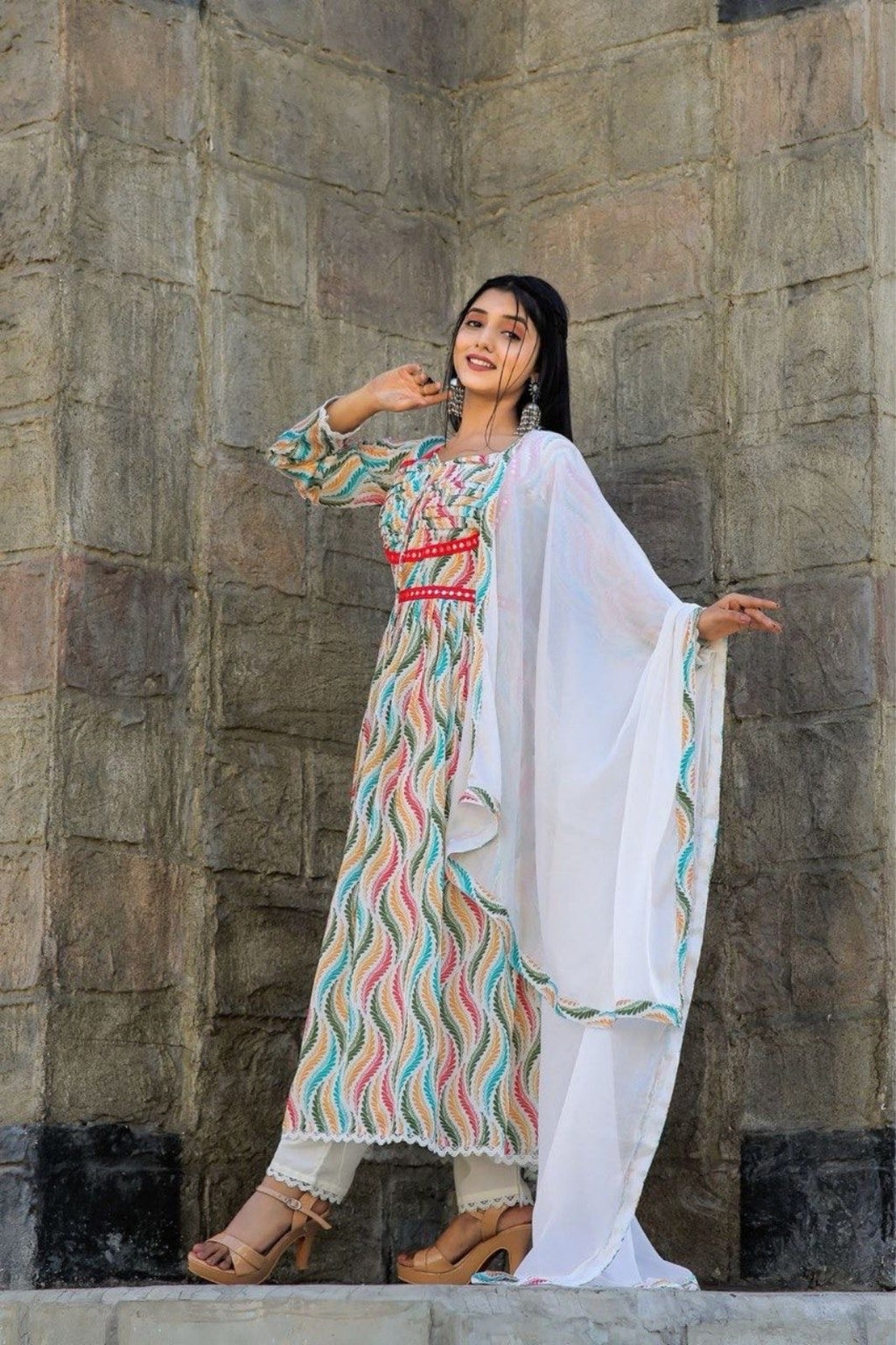 Multicoloured Printed Anarkali Set with Mirror Work & Lace Detailing – By Desi Pardesi