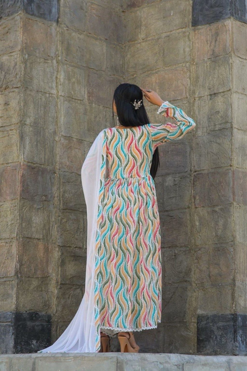 Multicoloured Printed Anarkali Set with Mirror Work & Lace Detailing – By Desi Pardesi