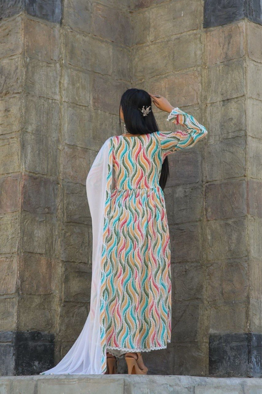Multicoloured Printed Anarkali Set with Mirror Work & Lace Detailing – By Desi Pardesi