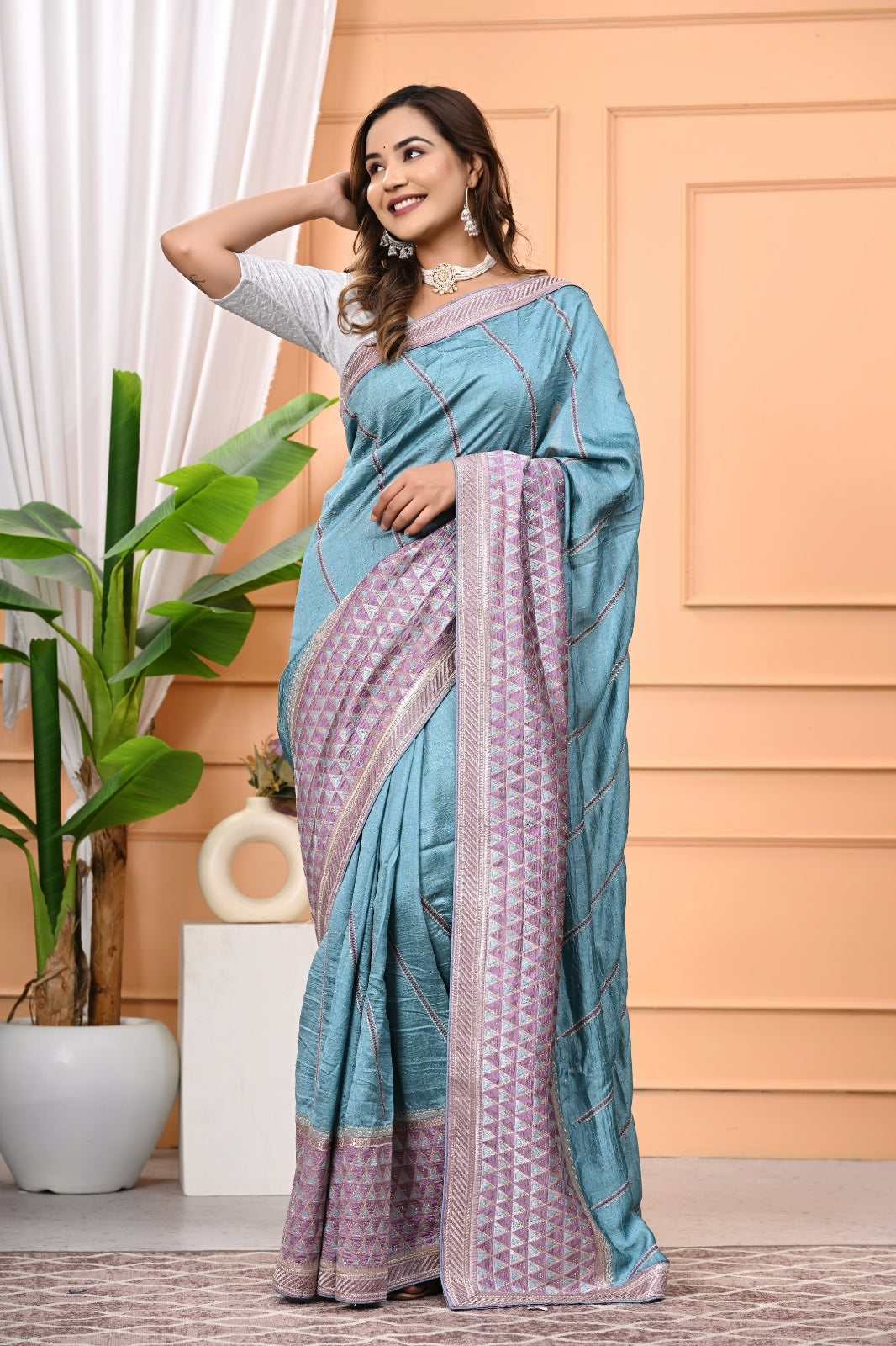Vichitra Designer Saree with Zircon Multi Work