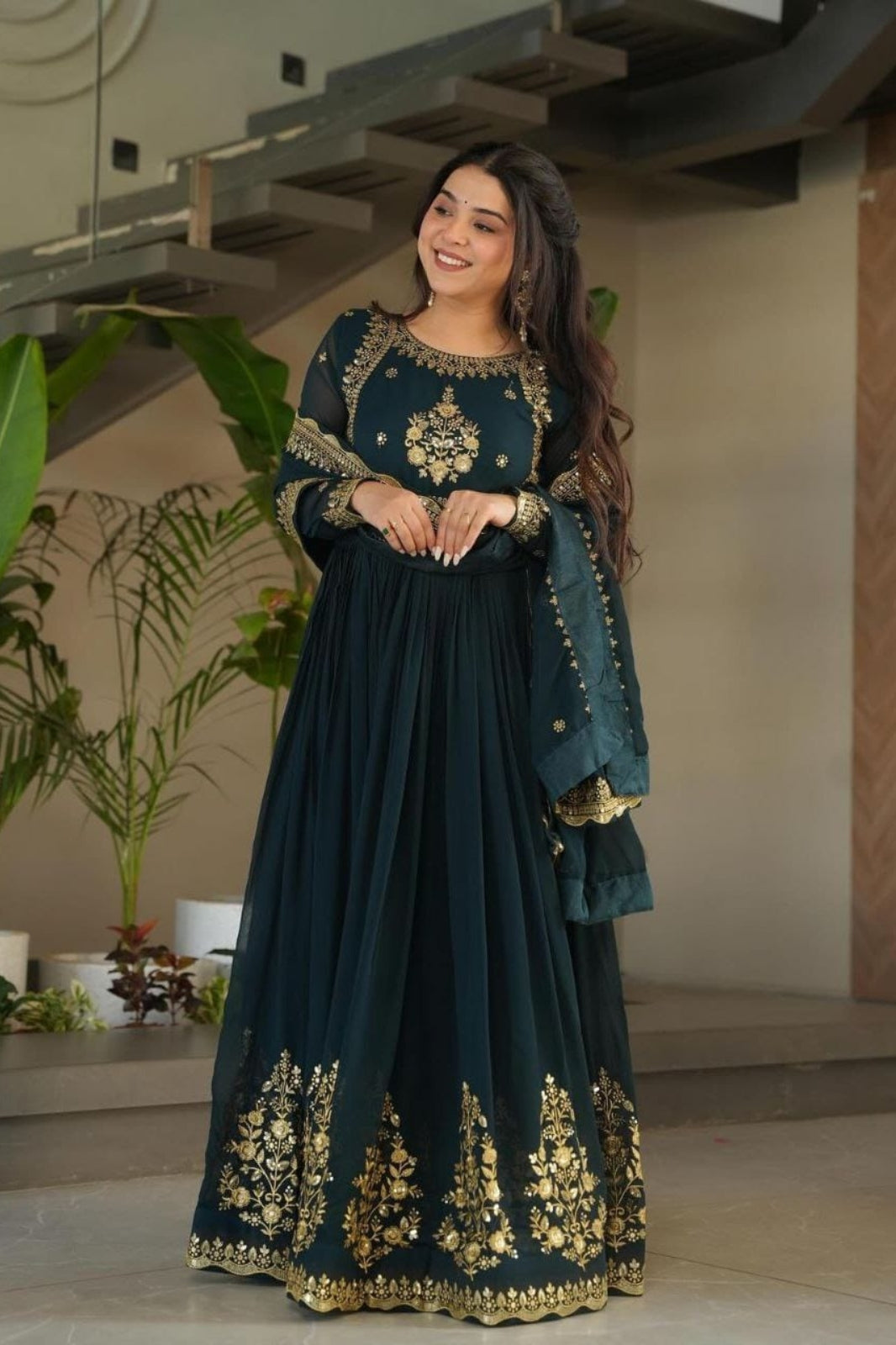 Elegant Fox Georgette Embroidered Gown with Dupatta