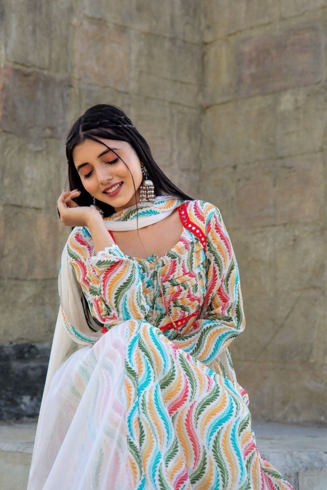 Multicoloured Printed Anarkali Set with Mirror Work & Lace Detailing – By Desi Pardesi