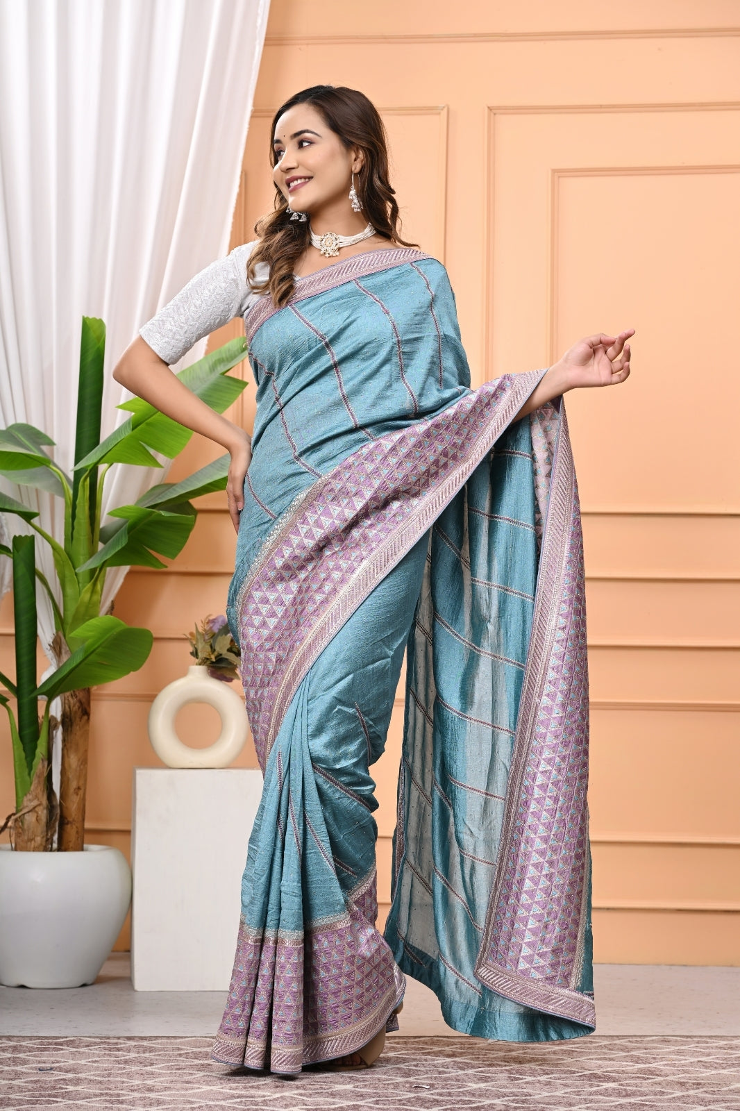Vichitra Designer Saree with Zircon Multi Work