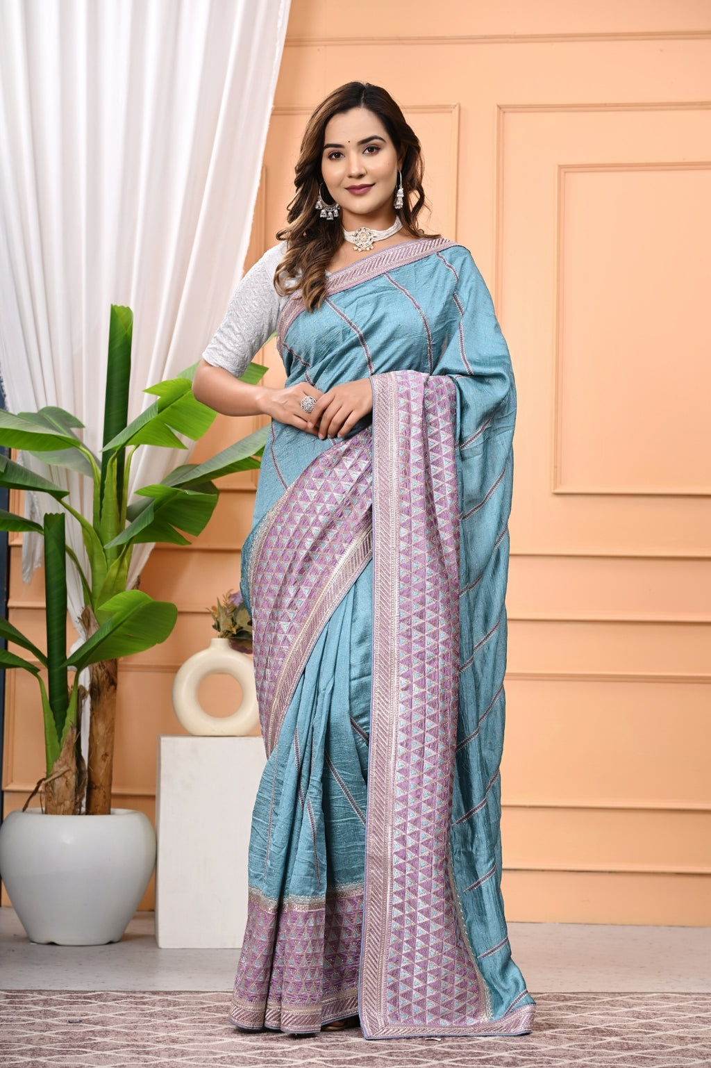 Vichitra Designer Saree with Zircon Multi Work