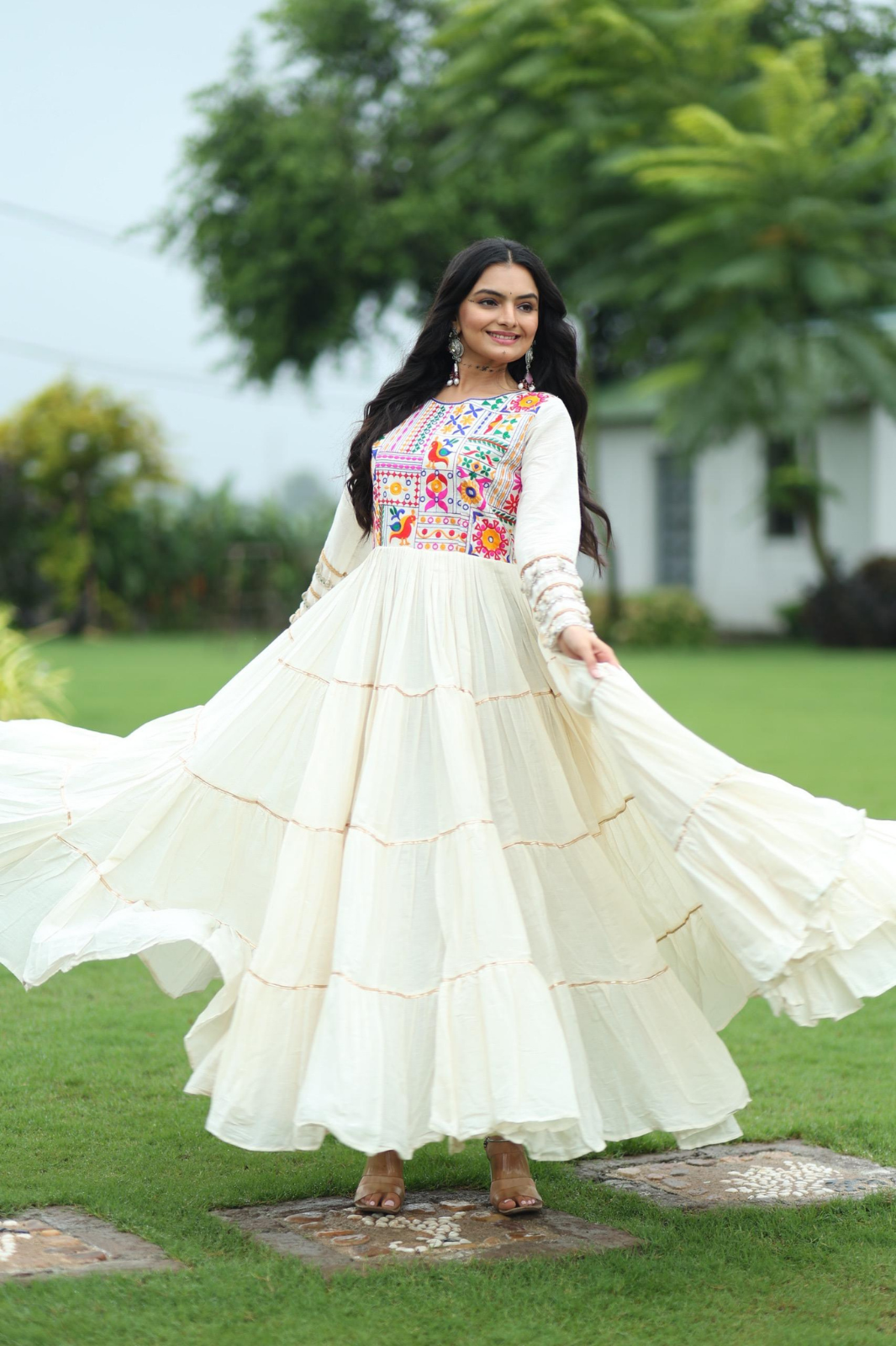 Special Embroidered Gown – Kora Cotton with Gota Patti Work (Off-White)