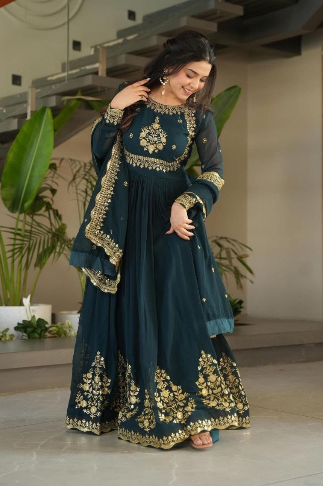 Elegant Fox Georgette Embroidered Gown with Dupatta