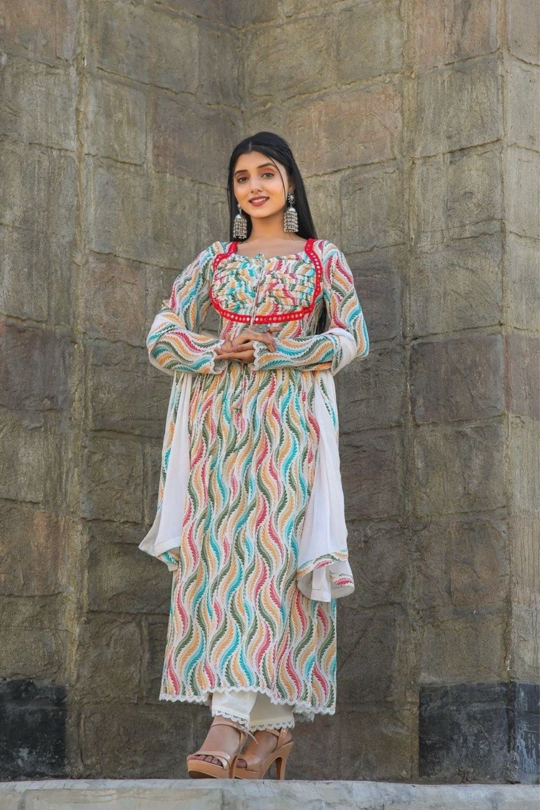 Multicoloured Printed Anarkali Set with Mirror Work & Lace Detailing – By Desi Pardesi