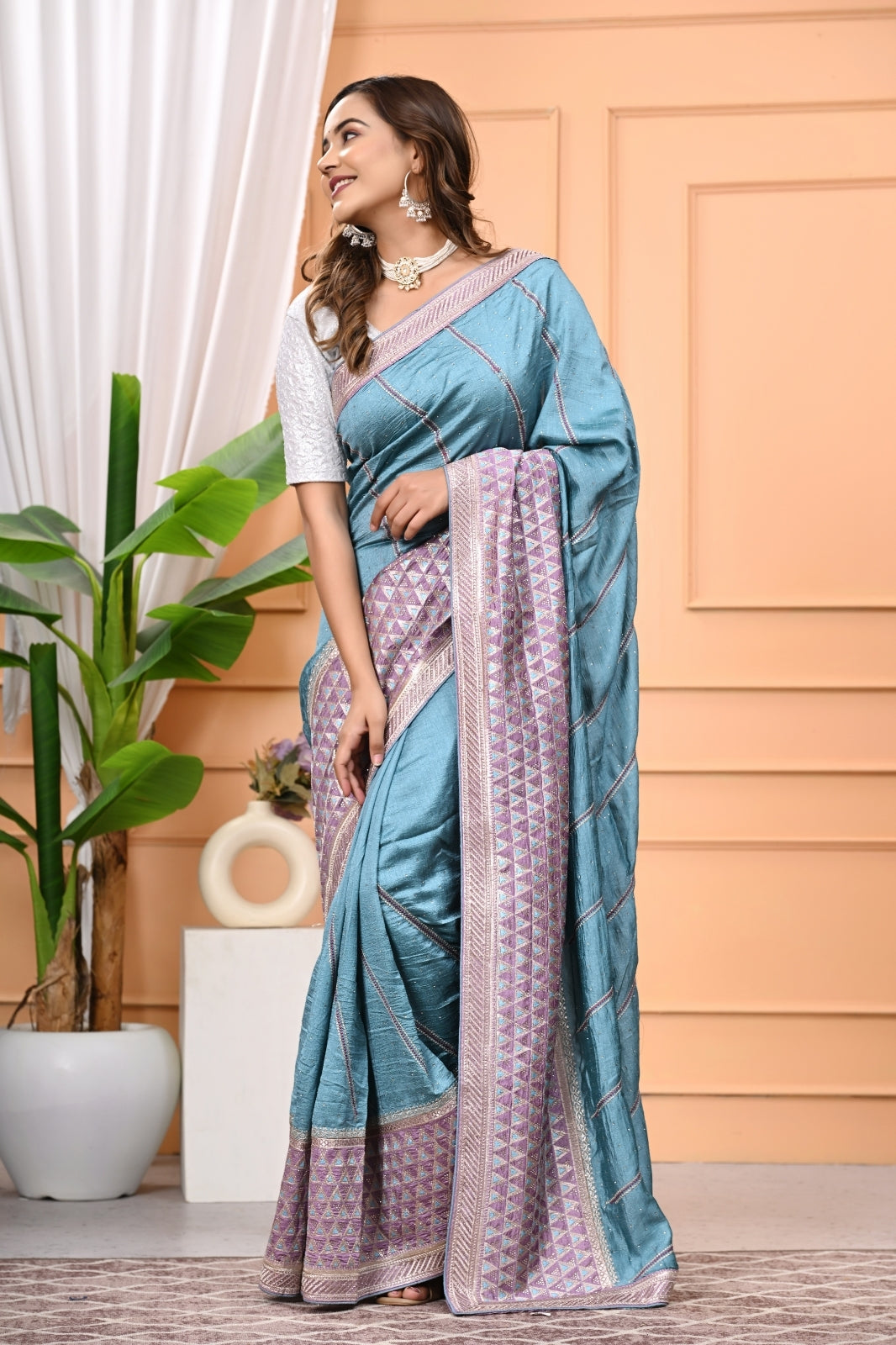 Vichitra Designer Saree with Zircon Multi Work