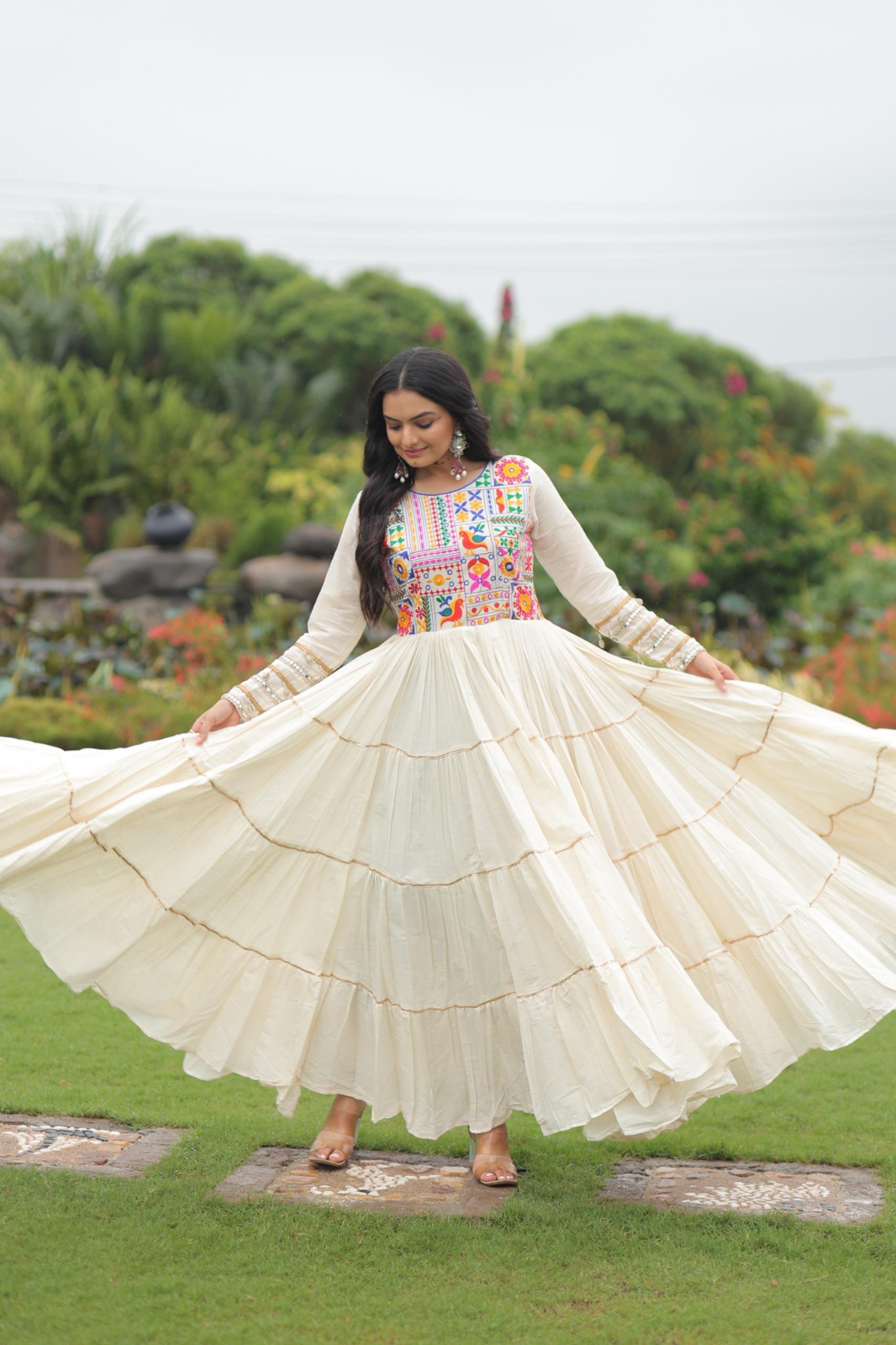 Special Embroidered Gown – Kora Cotton with Gota Patti Work (Off-White)
