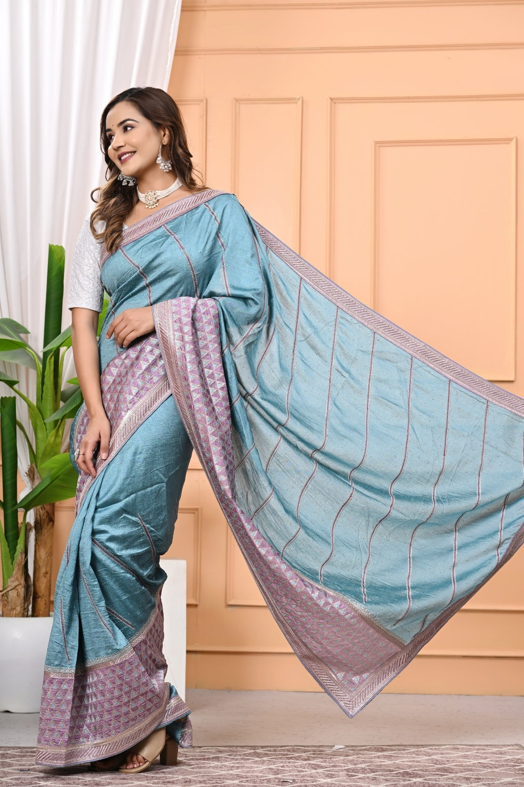 Vichitra Designer Saree with Zircon Multi Work