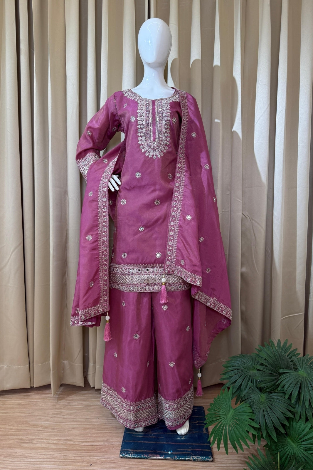 Premium Festive Kurti-Plazzo-Dupatta Set – Embroidered Simmer Fabric with Real Mirror Work