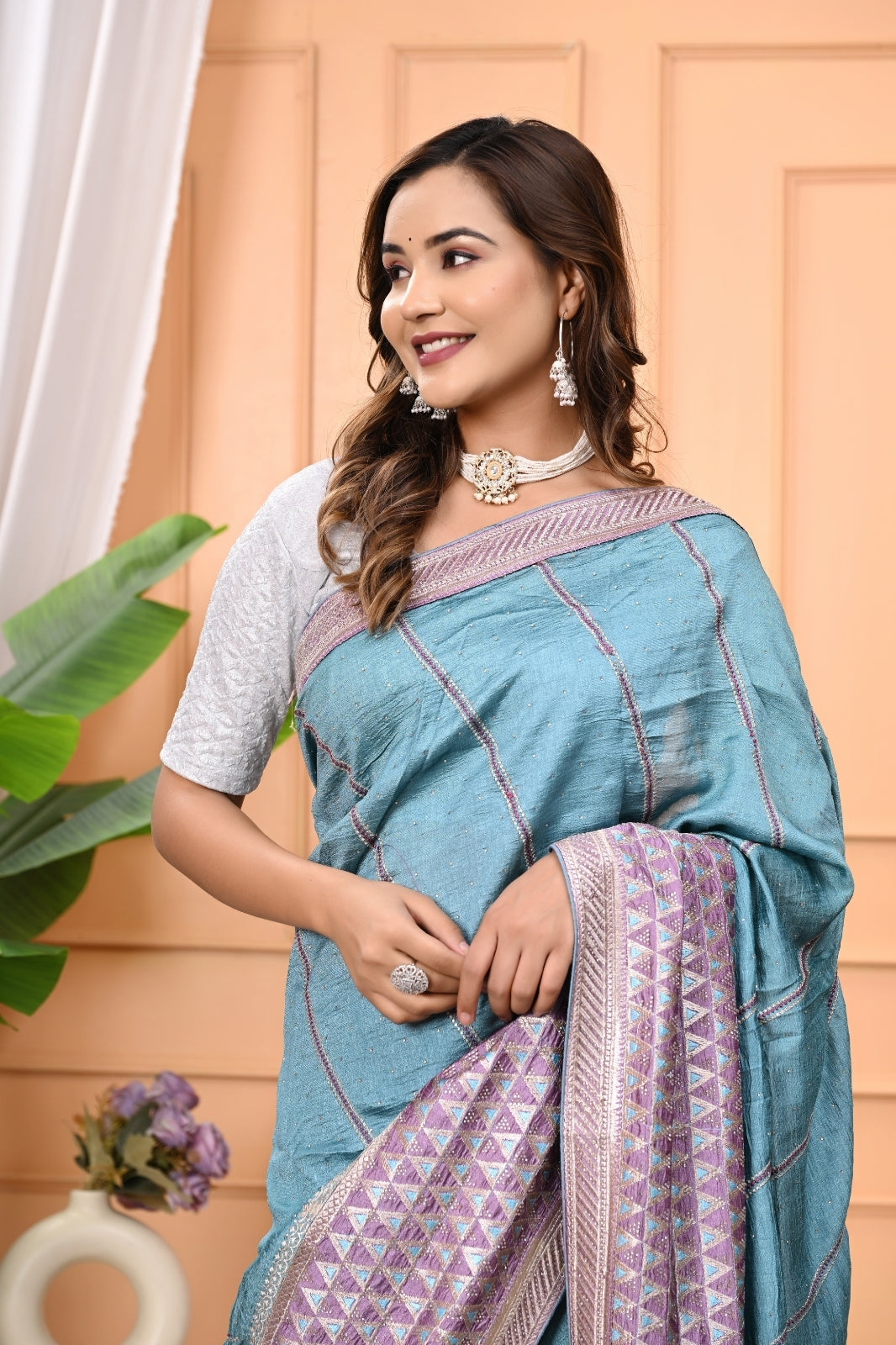 Vichitra Designer Saree with Zircon Multi Work