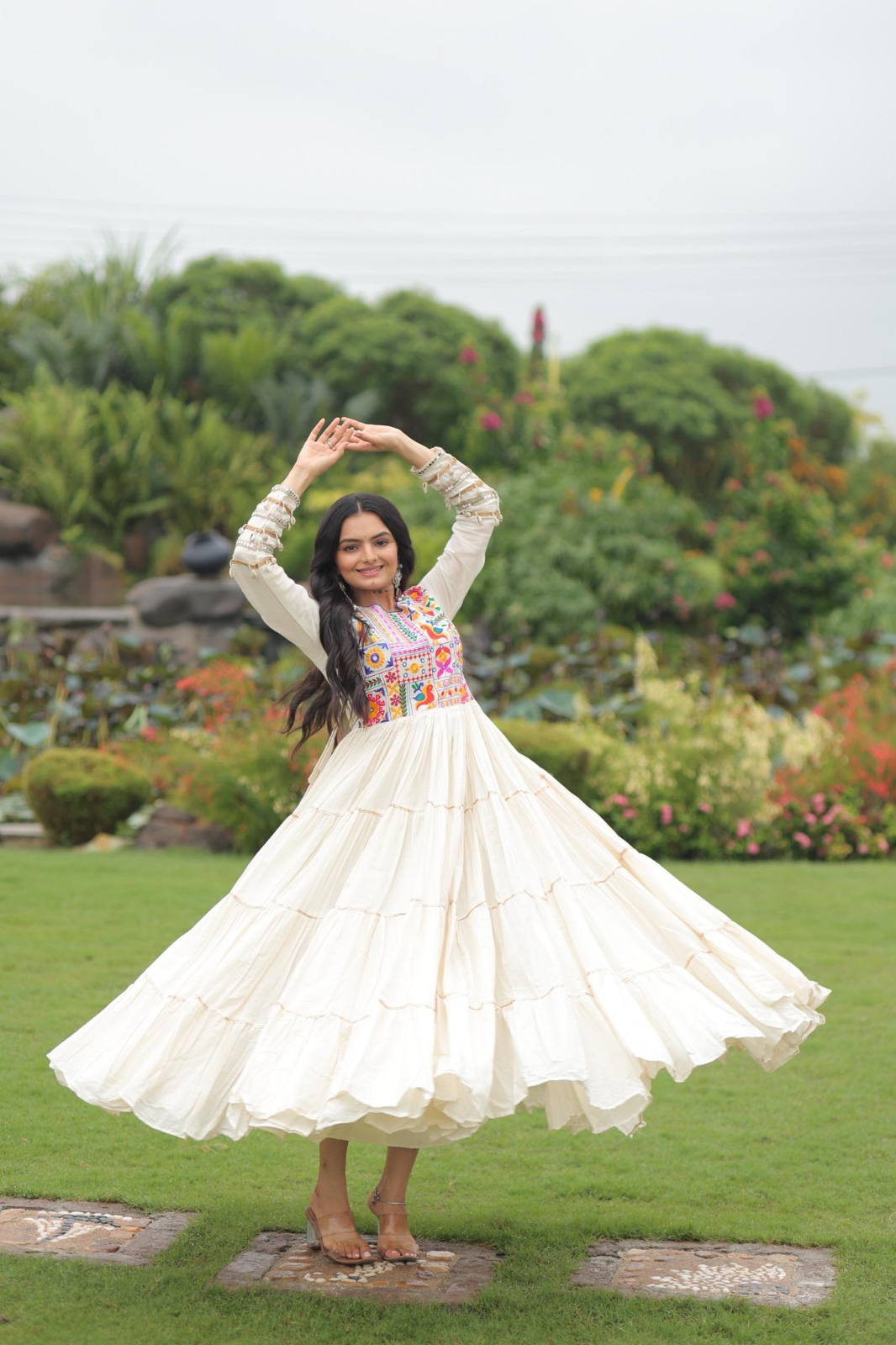 Special Embroidered Gown – Kora Cotton with Gota Patti Work (Off-White)