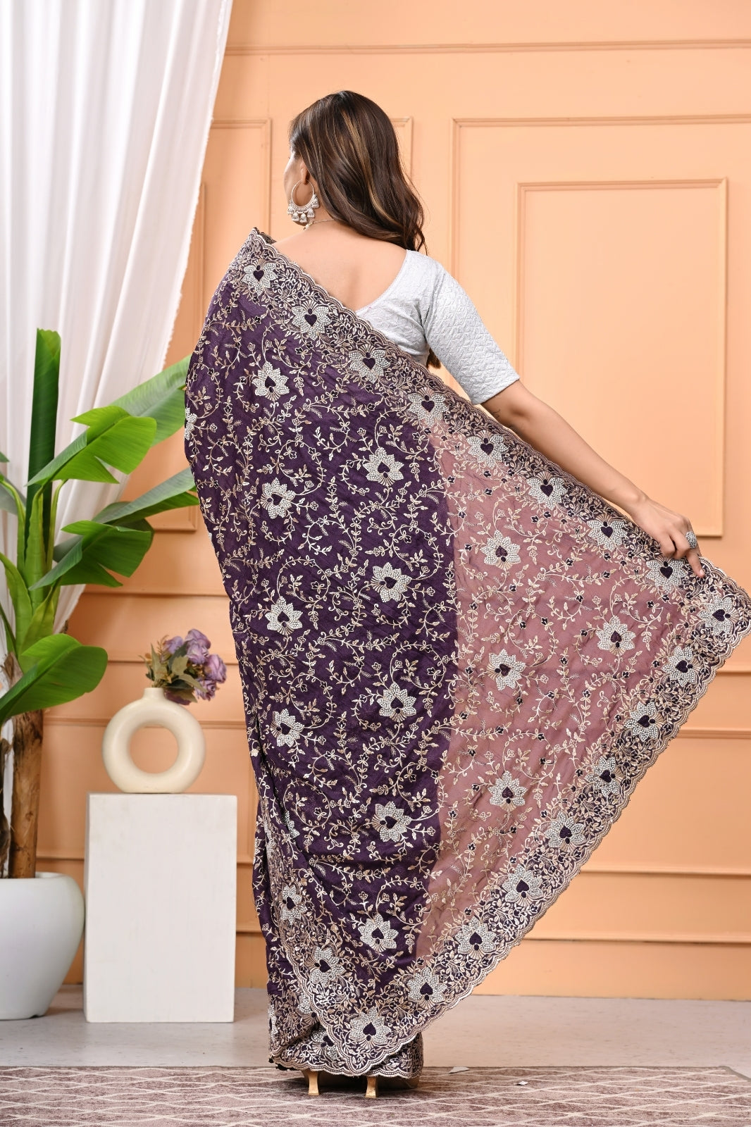 Chocolate Designer Saree with Heavy Zari & Zircon Diamond Work