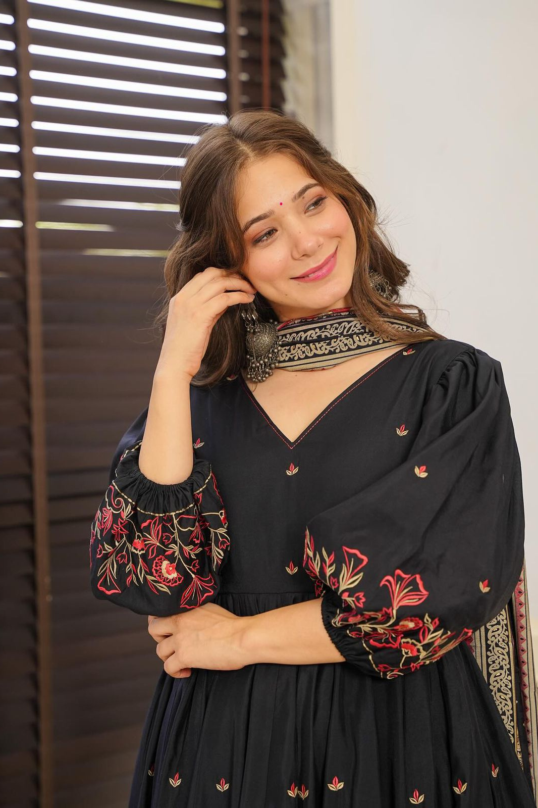 Premium Cotton Anarkali with Balloon Sleeves & Printed Dupatta