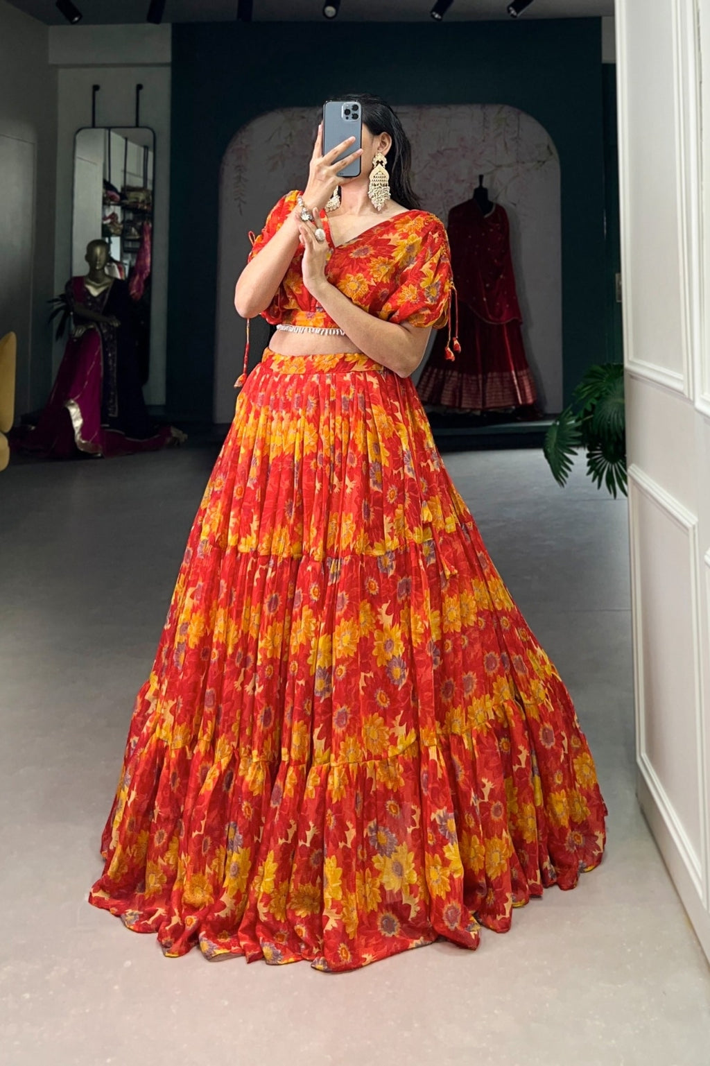 Floral Chiffon Orange Co-ord Lehenga Set – Stitched Lehenga & Blouse | Elegant & Lightweight