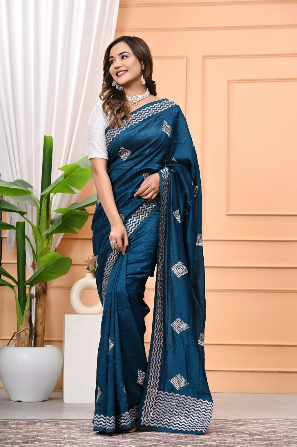 Vichitra Blooming Designer Saree with Heavy Zircon Stone Work