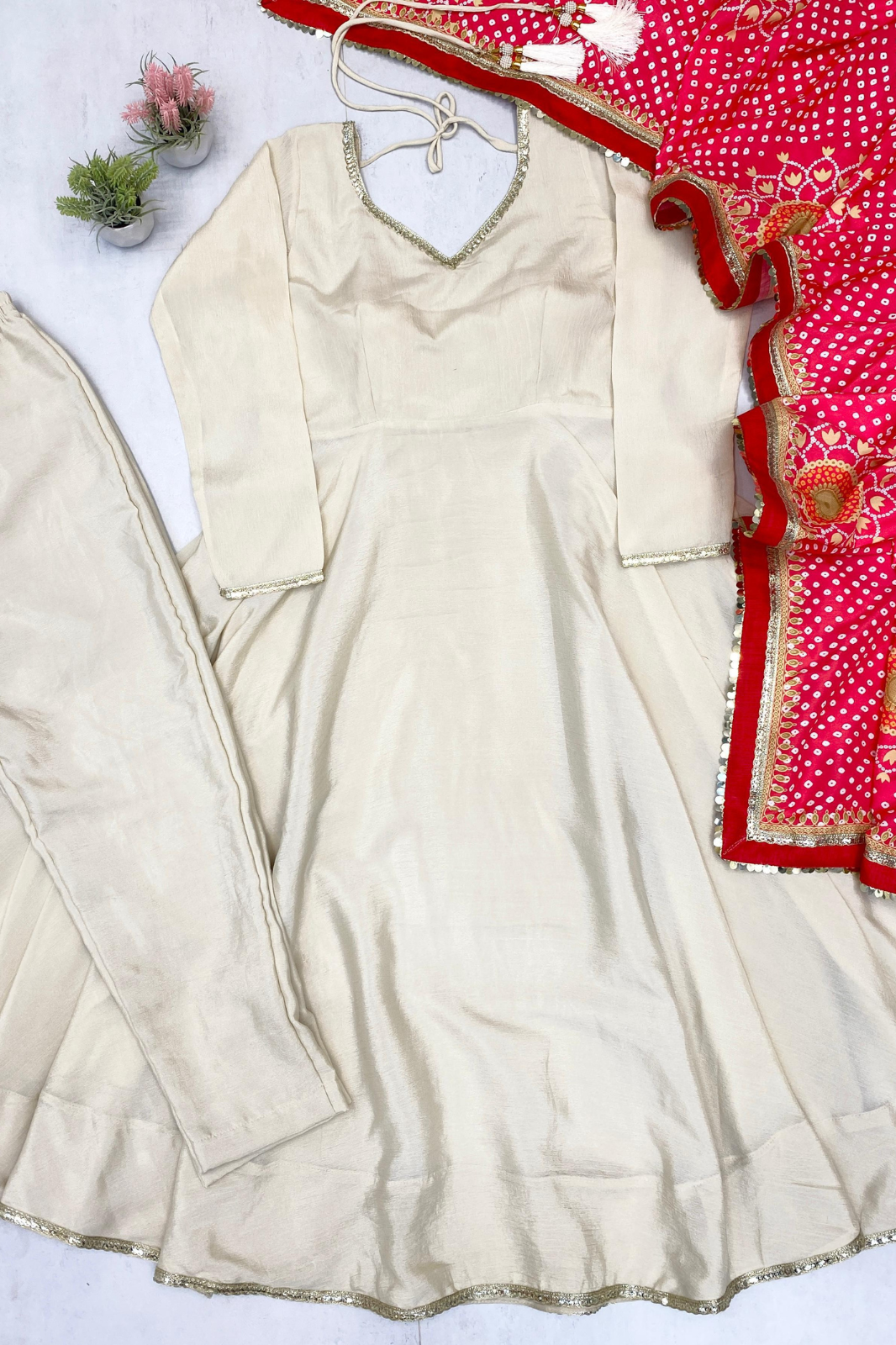 Designer & Elegant 3-Piece Gown with Printed Bandhani Dupatta