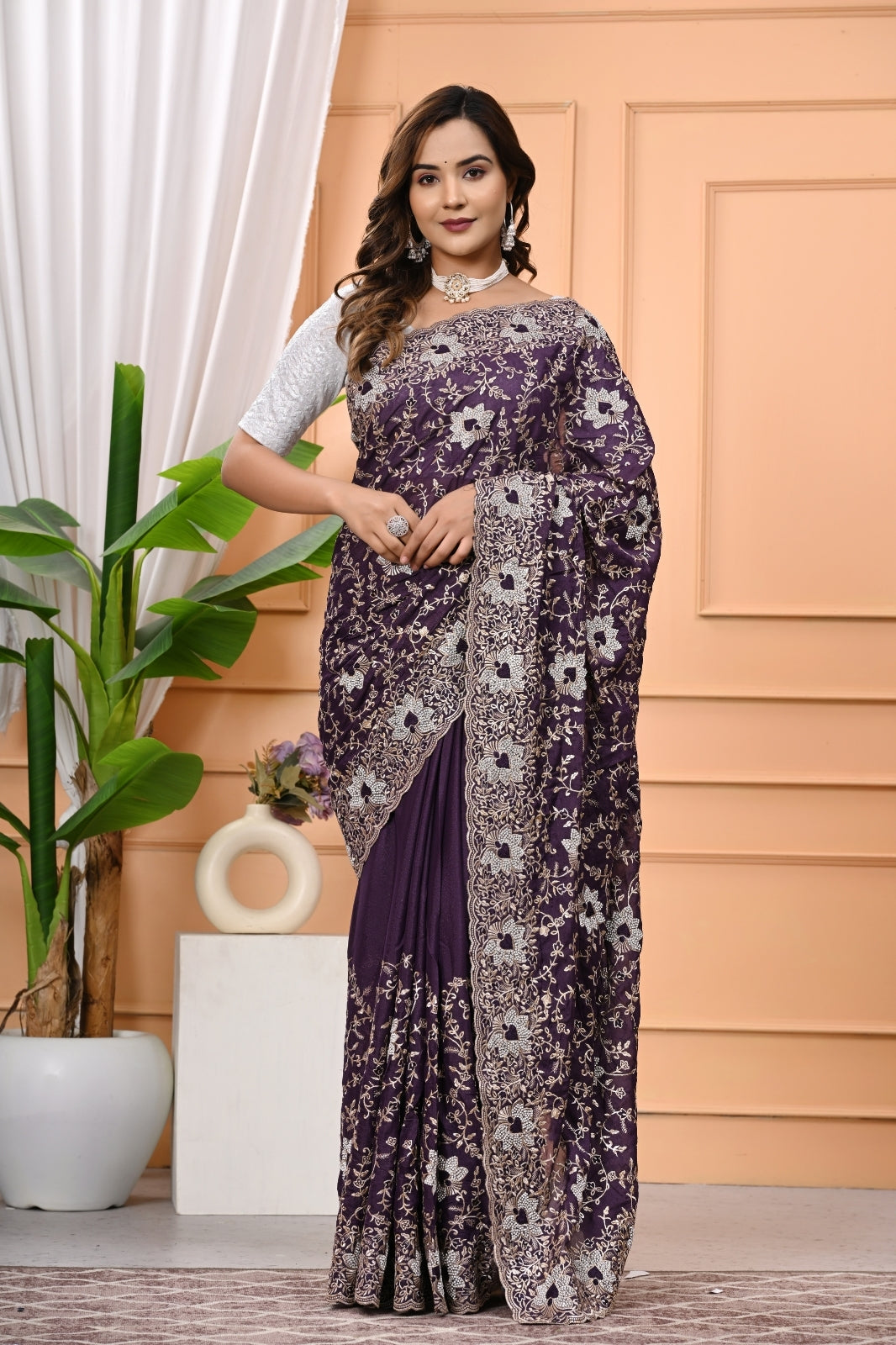 Chocolate Designer Saree with Heavy Zari & Zircon Diamond Work