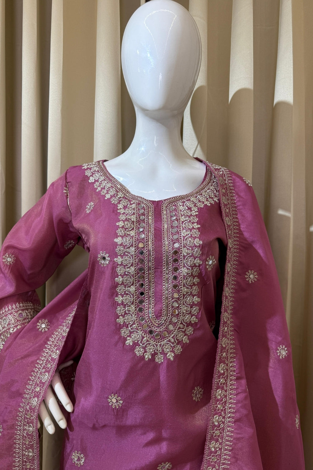 Premium Festive Kurti-Plazzo-Dupatta Set – Embroidered Simmer Fabric with Real Mirror Work