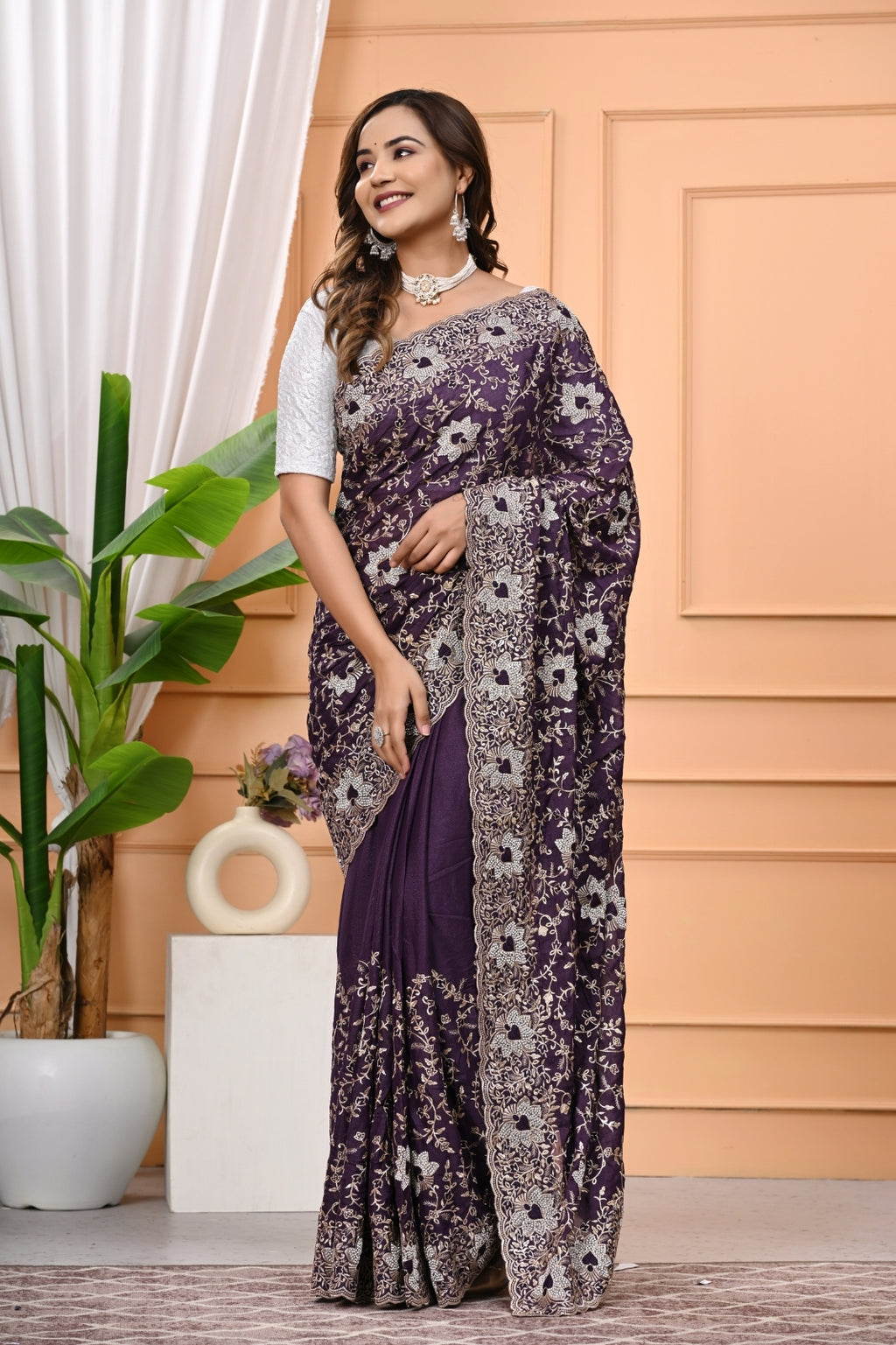 Chocolate Designer Saree with Heavy Zari & Zircon Diamond Work