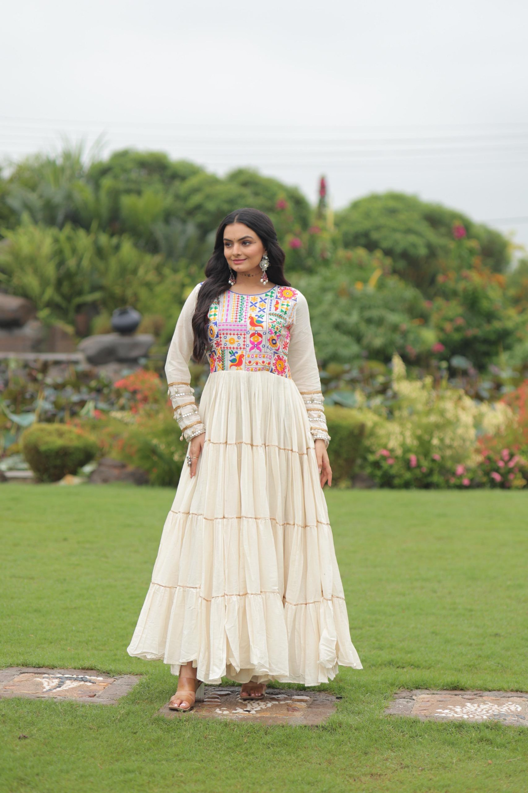 Special Embroidered Gown – Kora Cotton with Gota Patti Work (Off-White)