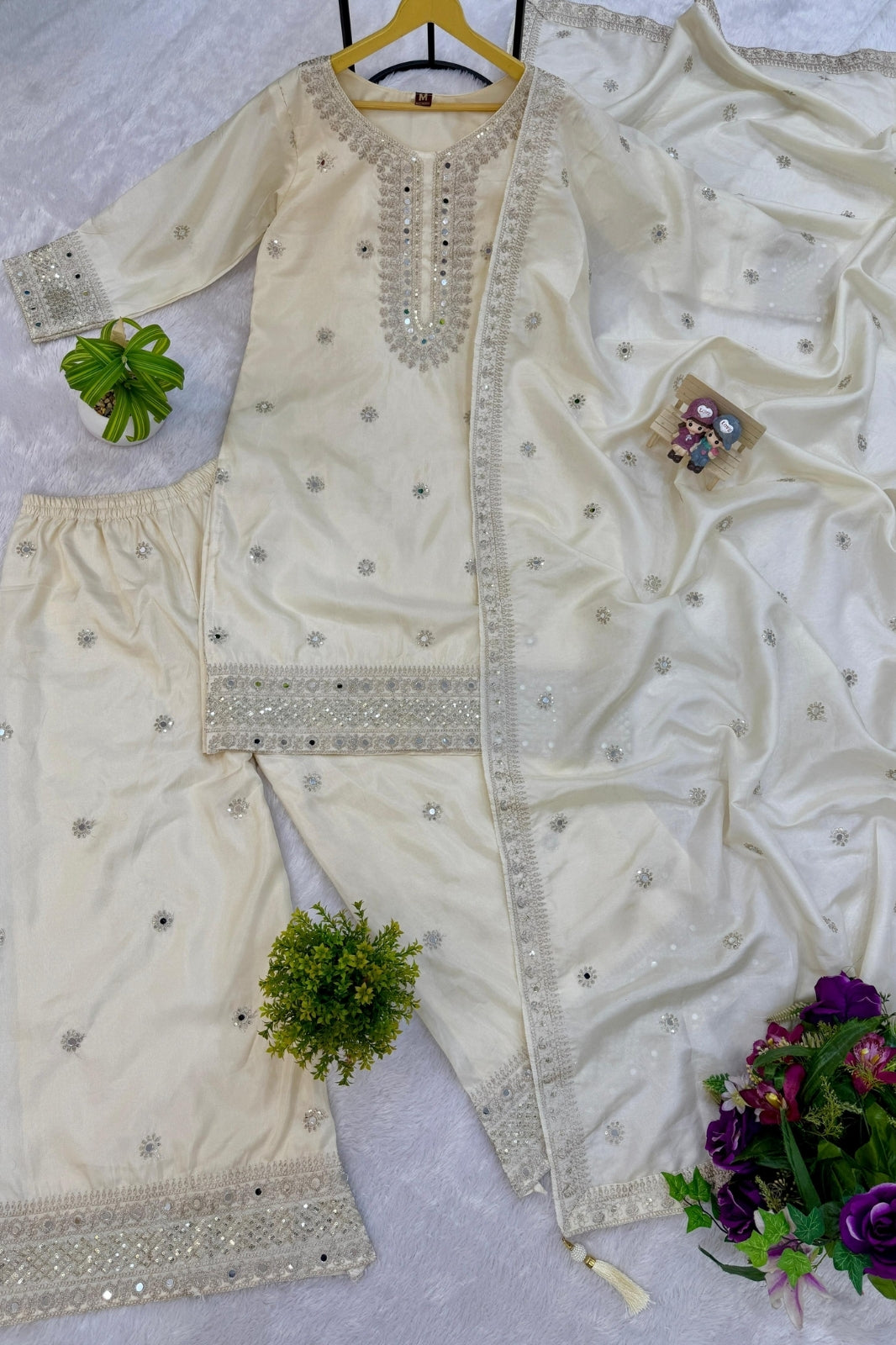 Premium Festive Kurti-Plazzo-Dupatta Set – Embroidered Simmer Fabric with Real Mirror Work