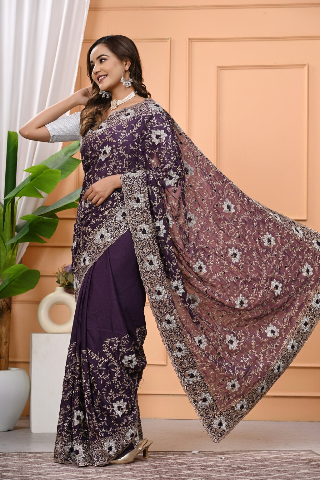 Chocolate Designer Saree with Heavy Zari & Zircon Diamond Work