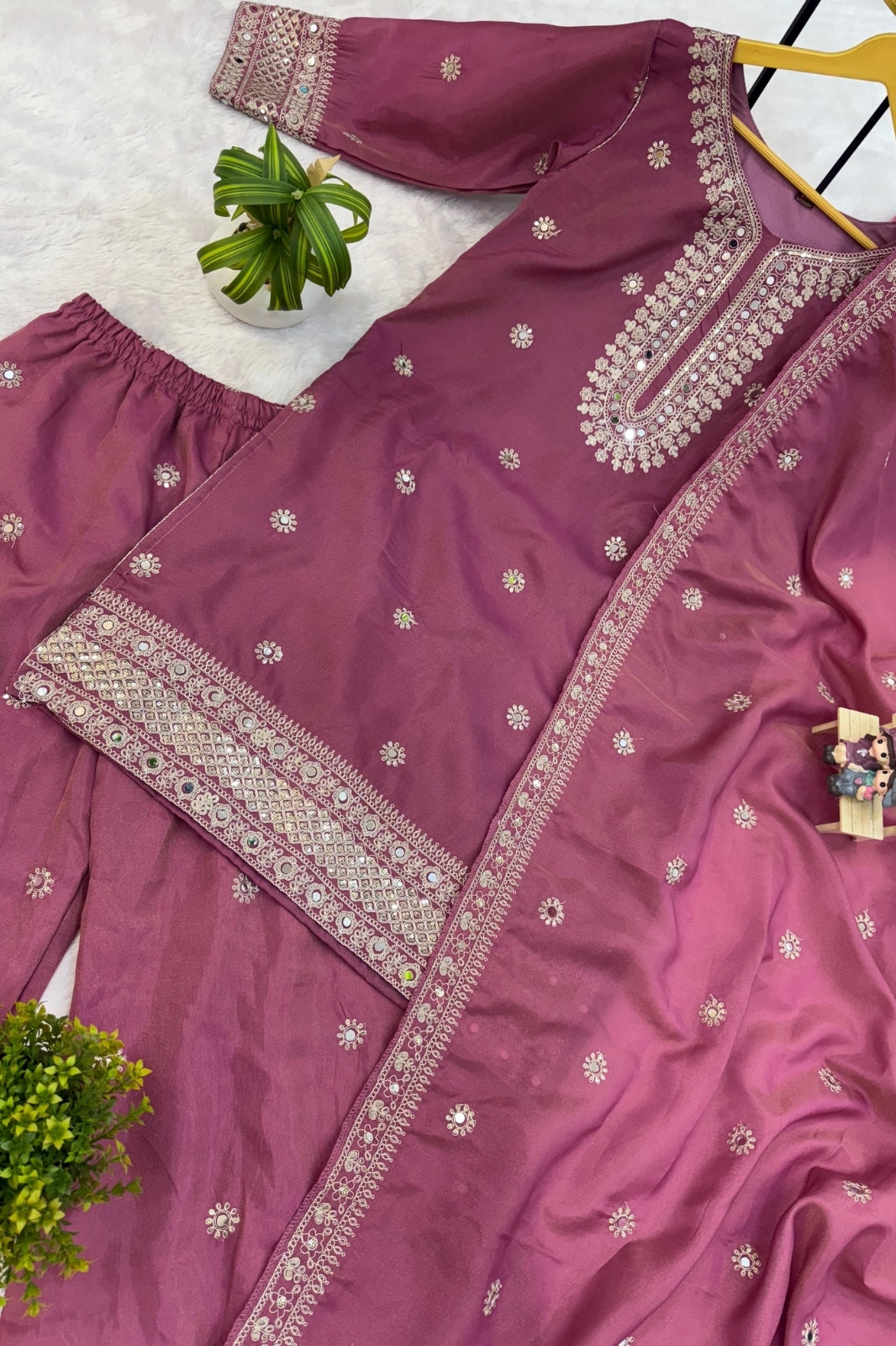 Premium Festive Kurti-Plazzo-Dupatta Set – Embroidered Simmer Fabric with Real Mirror Work