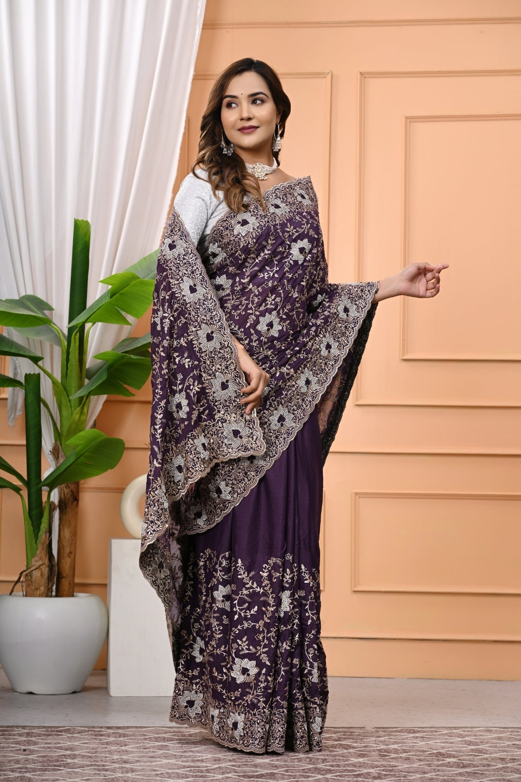 Chocolate Designer Saree with Heavy Zari & Zircon Diamond Work