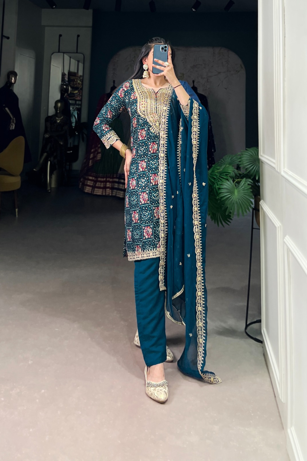 Teal Elegance – Printed Rayon Top, Roman Silk Bottom & Embroidered Organza Dupatta Set