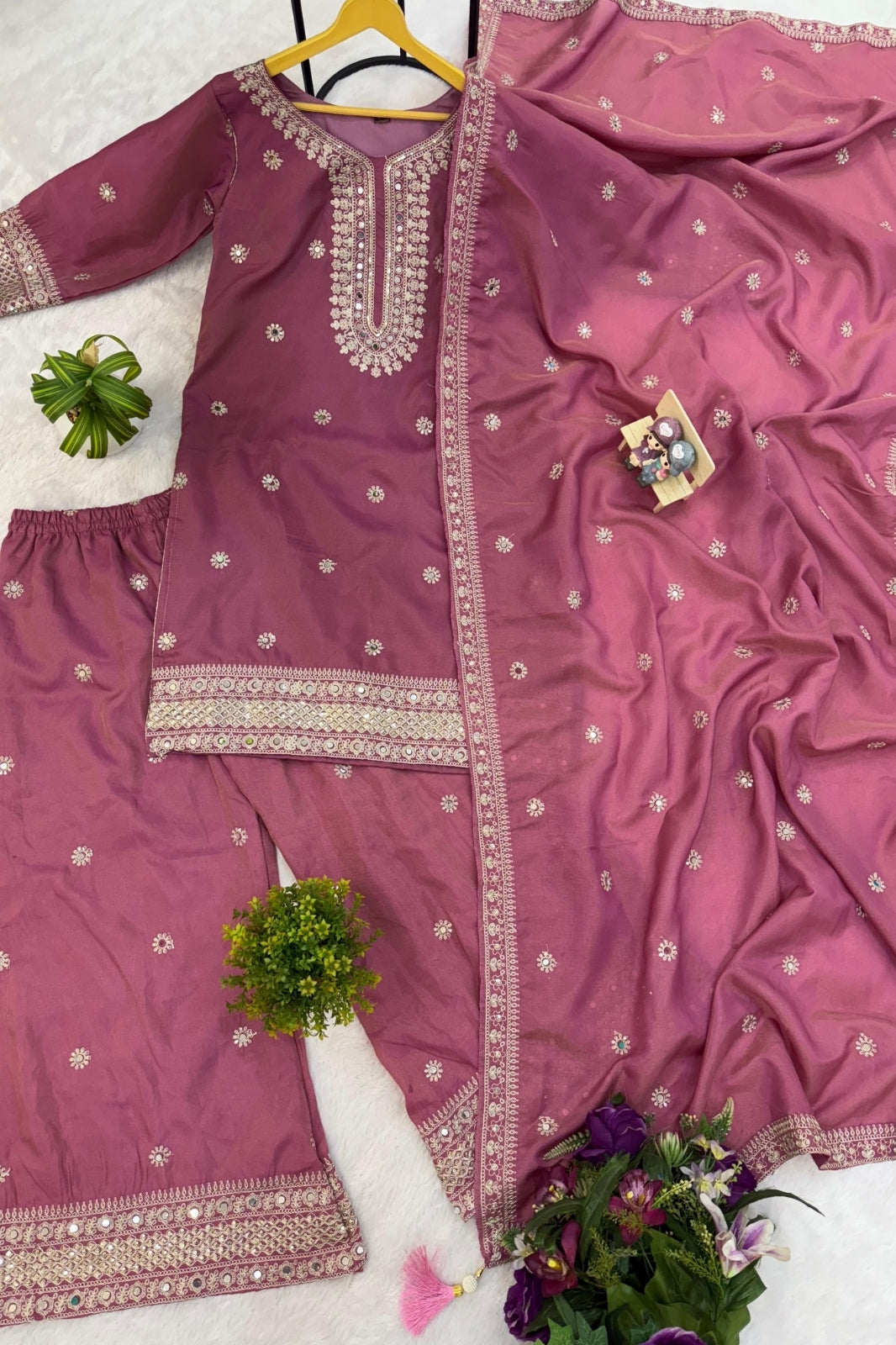 Premium Festive Kurti-Plazzo-Dupatta Set – Embroidered Simmer Fabric with Real Mirror Work